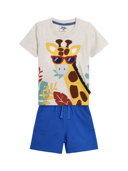 JoJo Maman Bébé Baby Cotton Giraffe Appliqué T-Shirt & Shorts Set, Natural, Natural