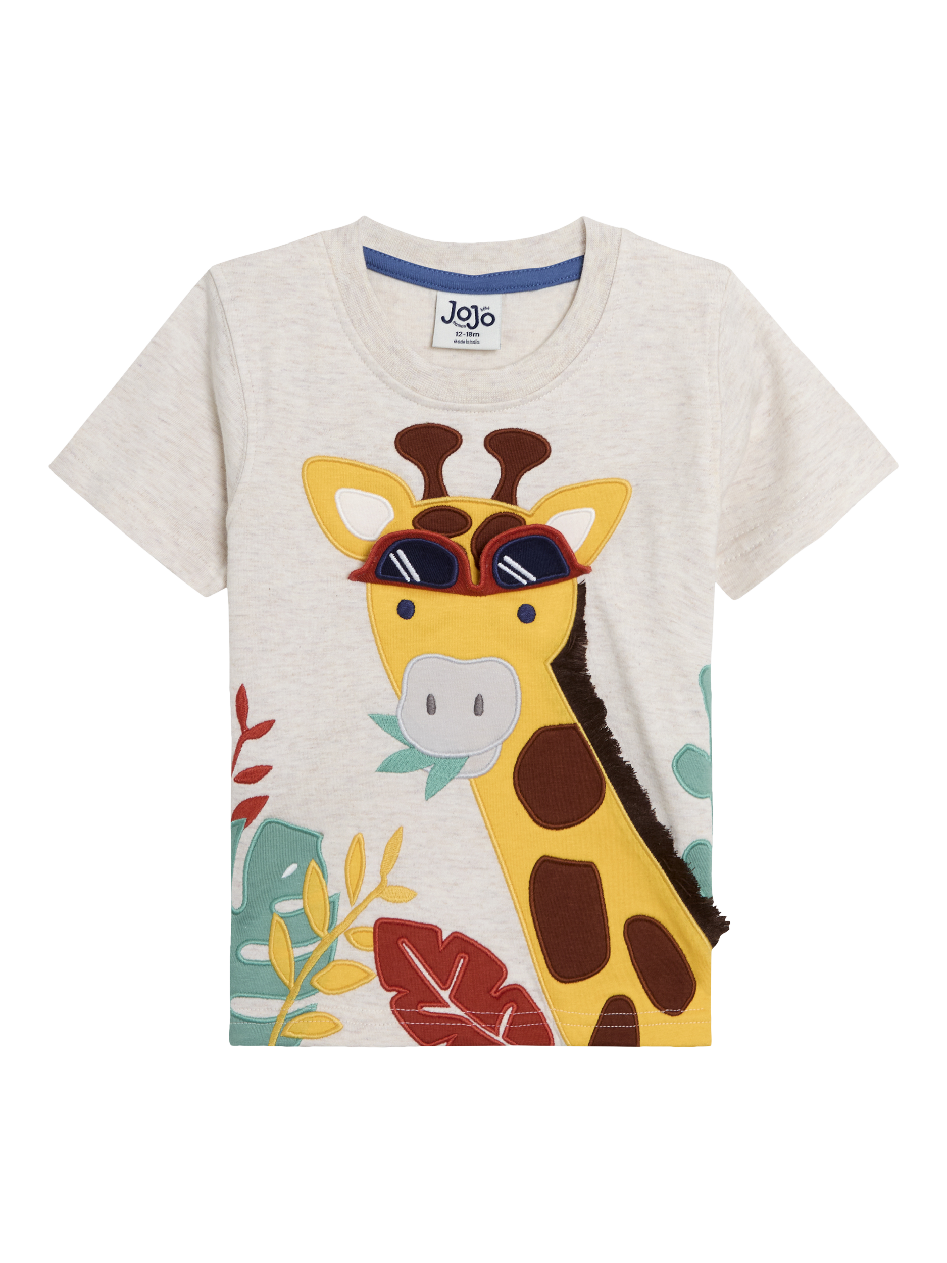 Product image 2 of 4, which shows JoJo Maman Bébé Baby Cotton Giraffe Appliqué T-Shirt & Shorts Set, Natural, Natural, 0-3 months