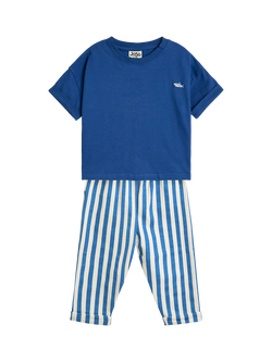 JoJo Maman Bébé Baby Cotton Shark Motif T-Shirt & Stripe Trousers Set, Blue, Blue