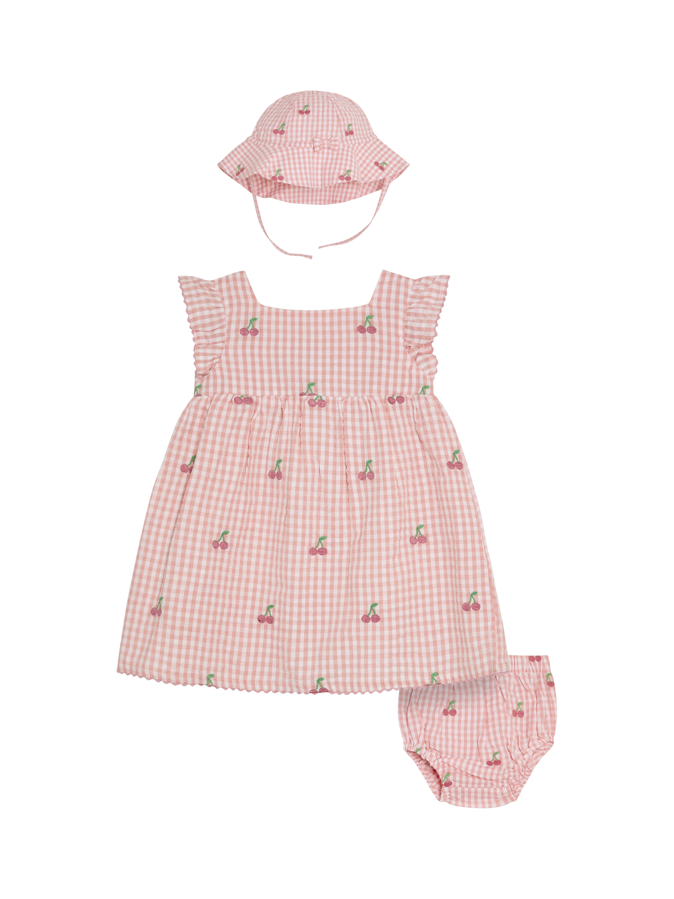 Product image 1 of 6, which shows JoJo Maman Bébé Baby Cotton Cherry Embroidered Dress, Bloomers & Hat Set, Pink, 0-3 months