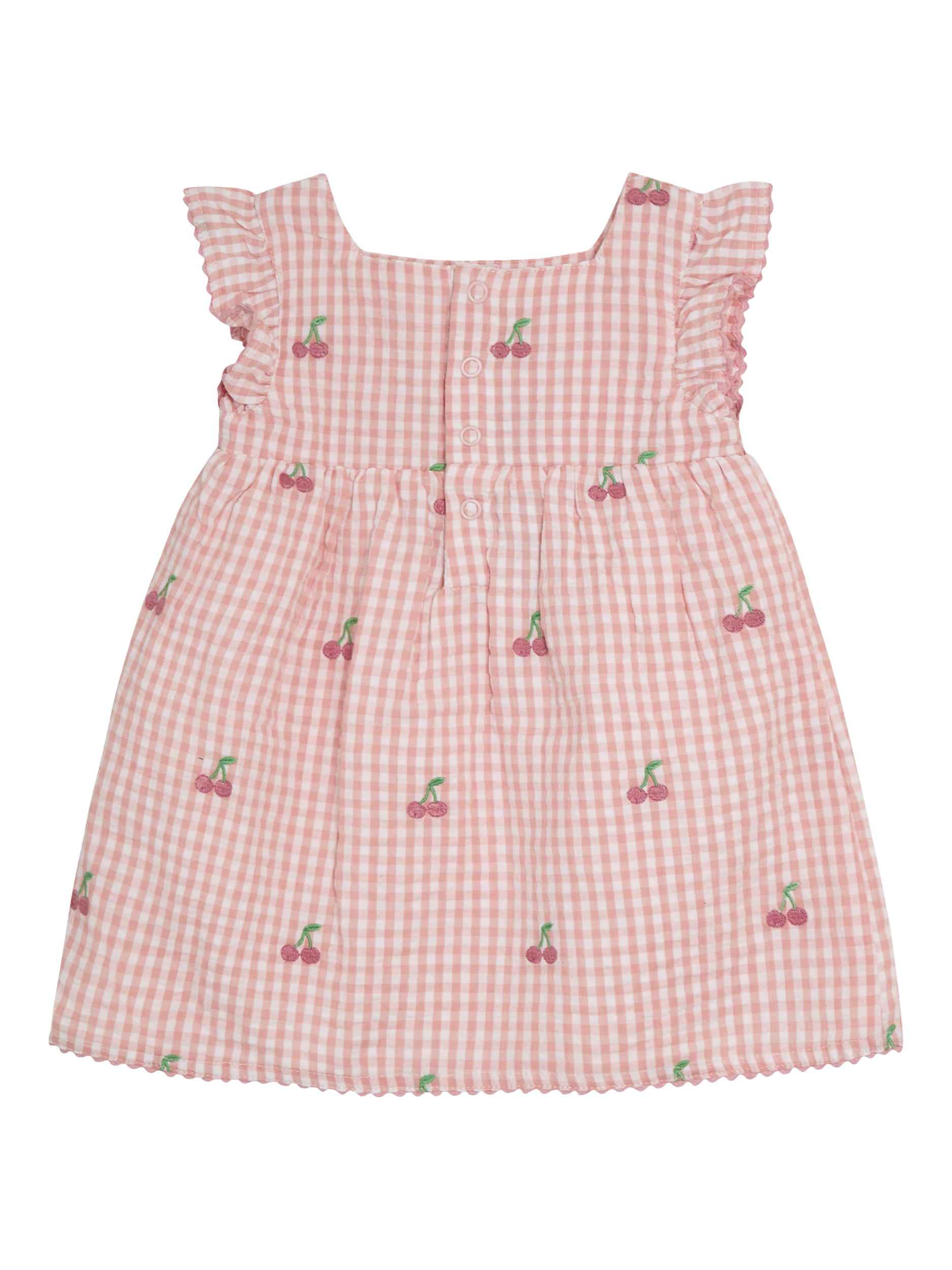 Product image 2 of 6, which shows JoJo Maman Bébé Baby Cotton Cherry Embroidered Dress, Bloomers & Hat Set, Pink, 0-3 months