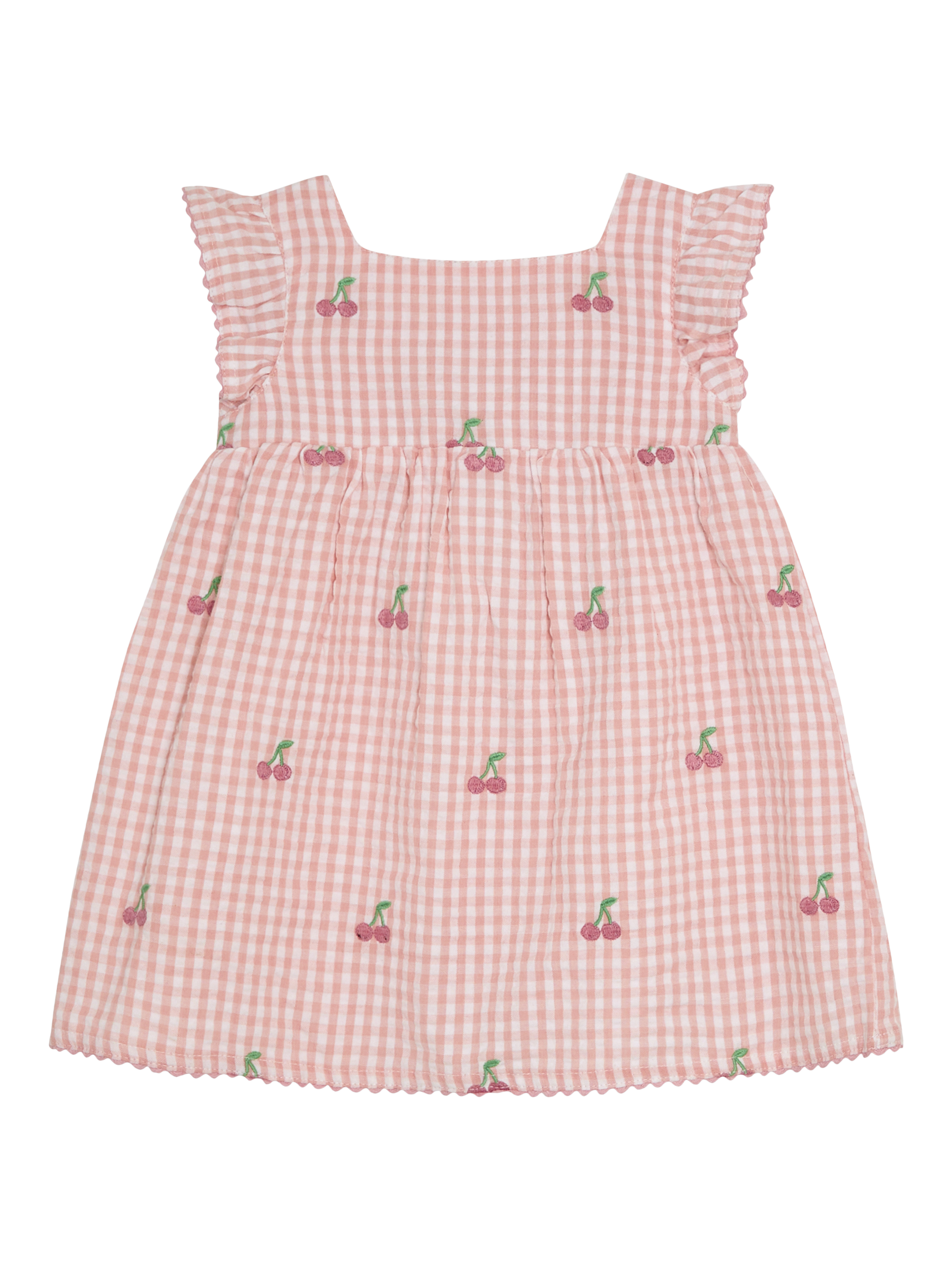 Product image 3 of 6, which shows JoJo Maman Bébé Baby Cotton Cherry Embroidered Dress, Bloomers & Hat Set, Pink, 0-3 months