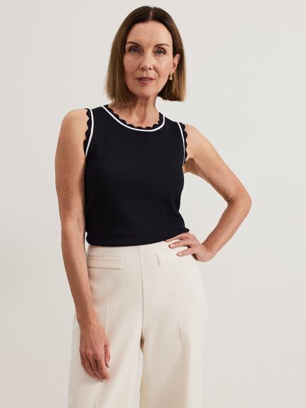 Phase Eight Liz Scalloped Tank Top, Navy/Ivory, Navy/Ivory