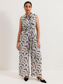 Phase Eight Petite Janine Fan Print Jumpsuit, Navy/Ivory, Navy/Ivory