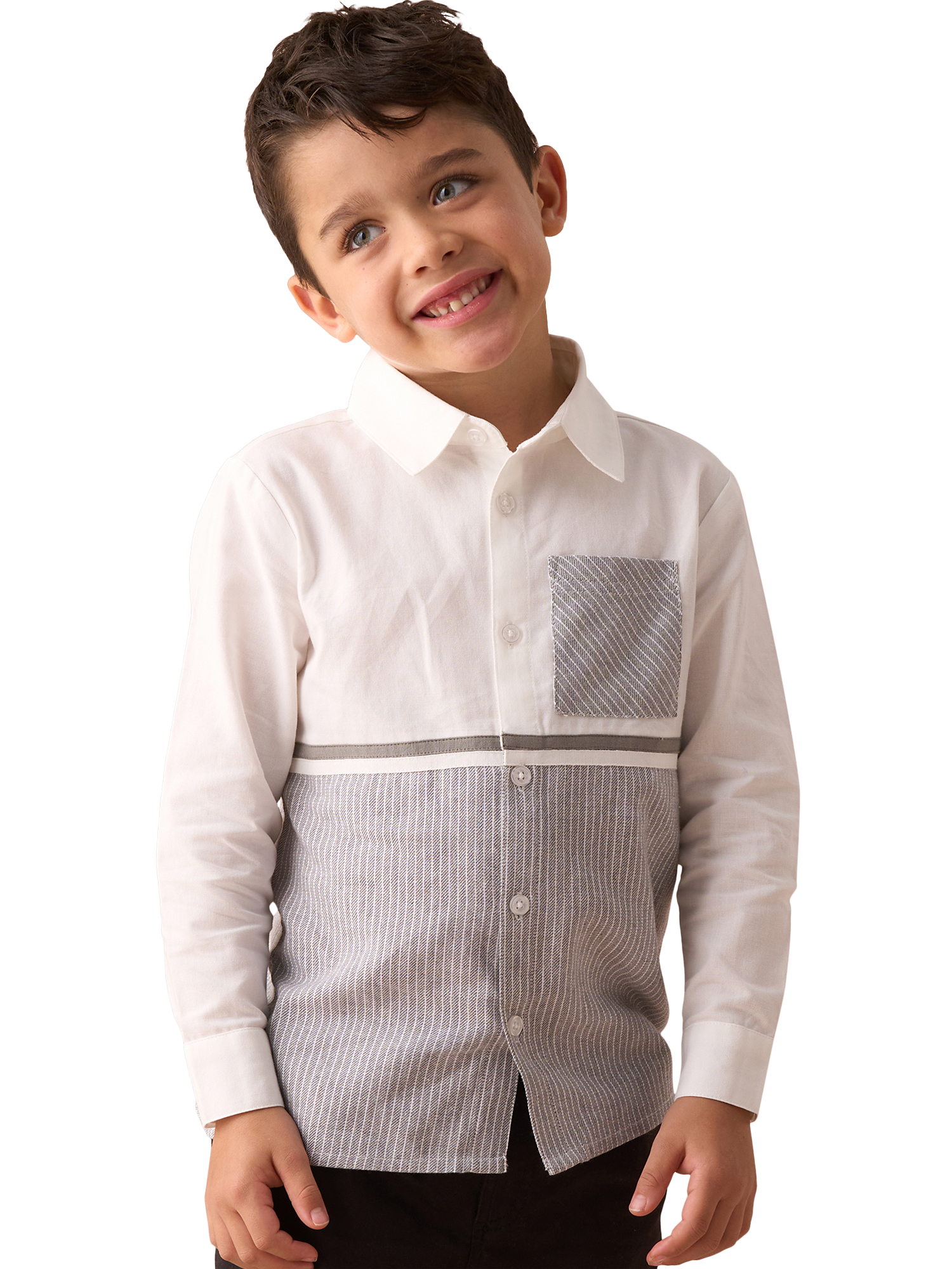 Product image 1 of 7, which shows Angel & Rocket Kids' Cotton Stripe Colour Block Shirt, Grey, 3 years