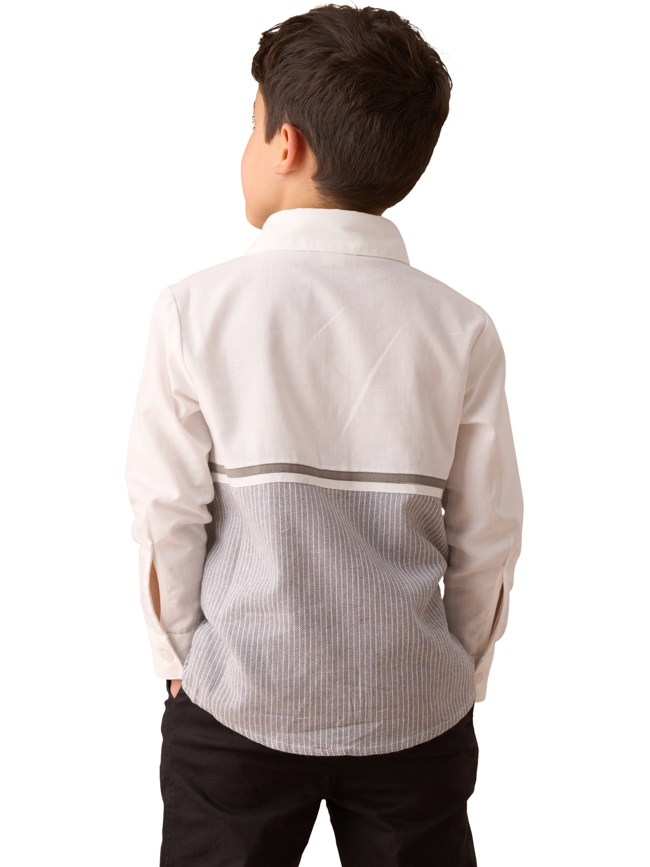 Product image 2 of 7, which shows Angel & Rocket Kids' Cotton Stripe Colour Block Shirt, Grey, 3 years