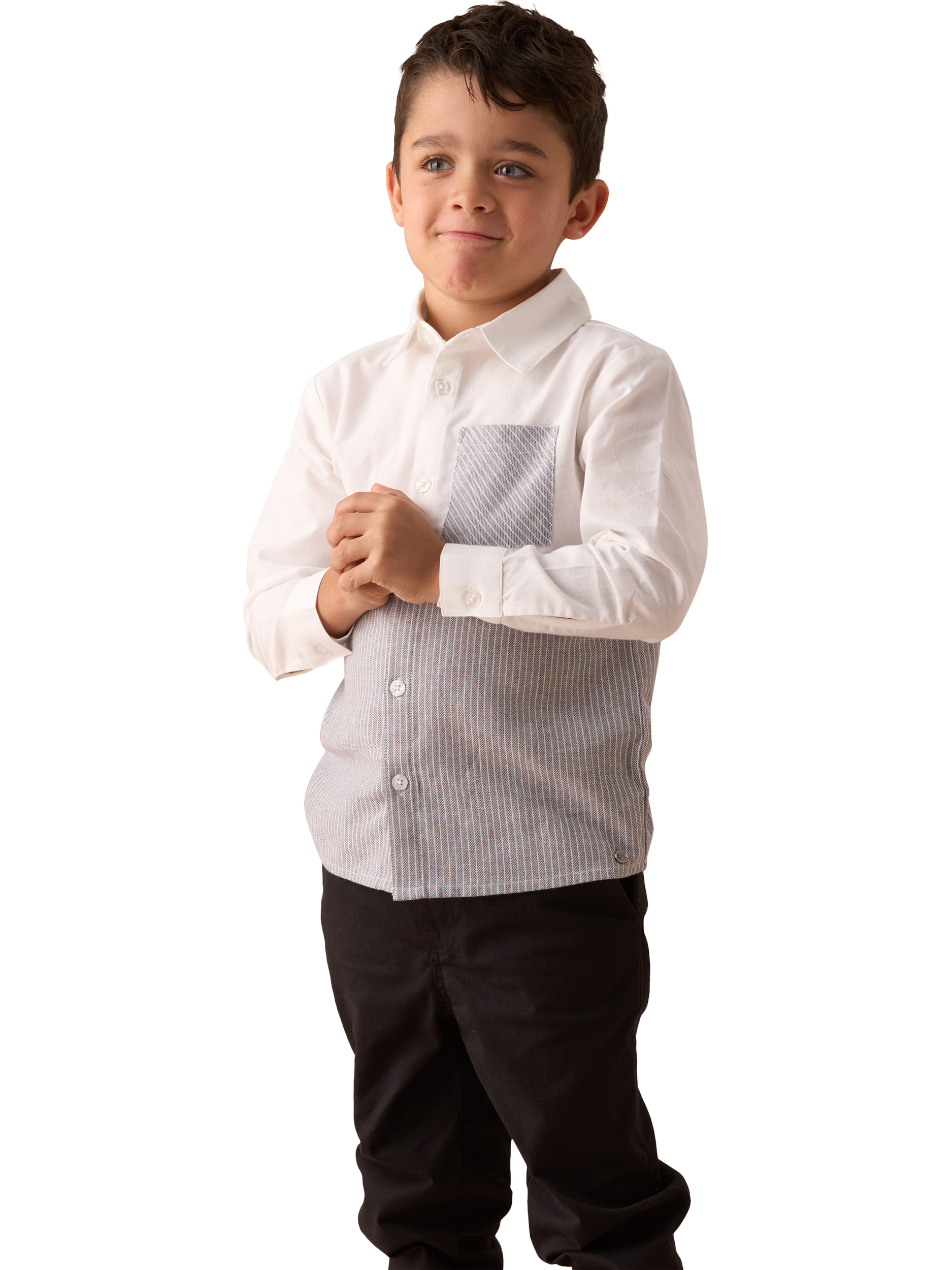 Product image 3 of 7, which shows Angel & Rocket Kids' Cotton Stripe Colour Block Shirt, Grey, 3 years