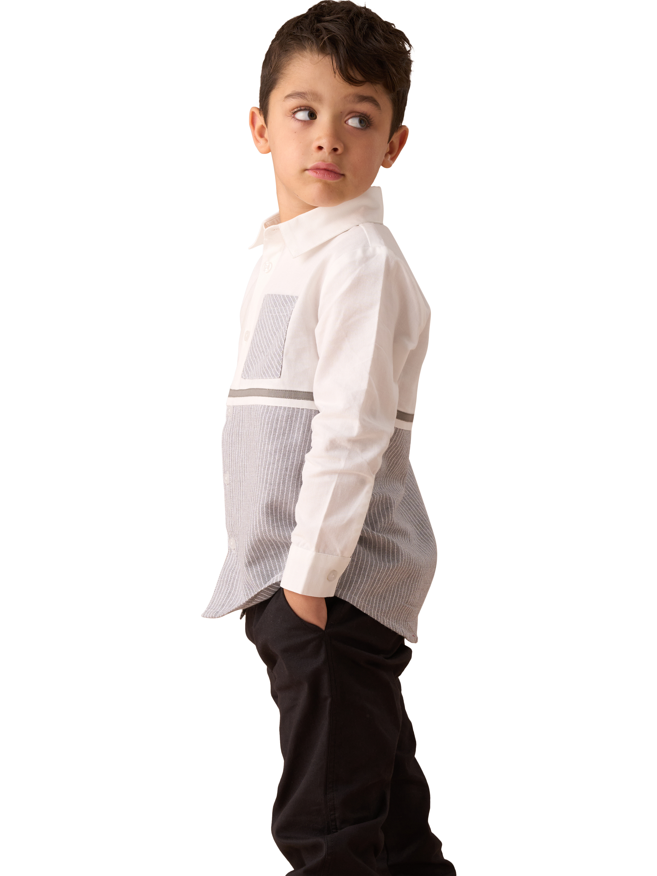 Product image 4 of 7, which shows Angel & Rocket Kids' Cotton Stripe Colour Block Shirt, Grey, 3 years