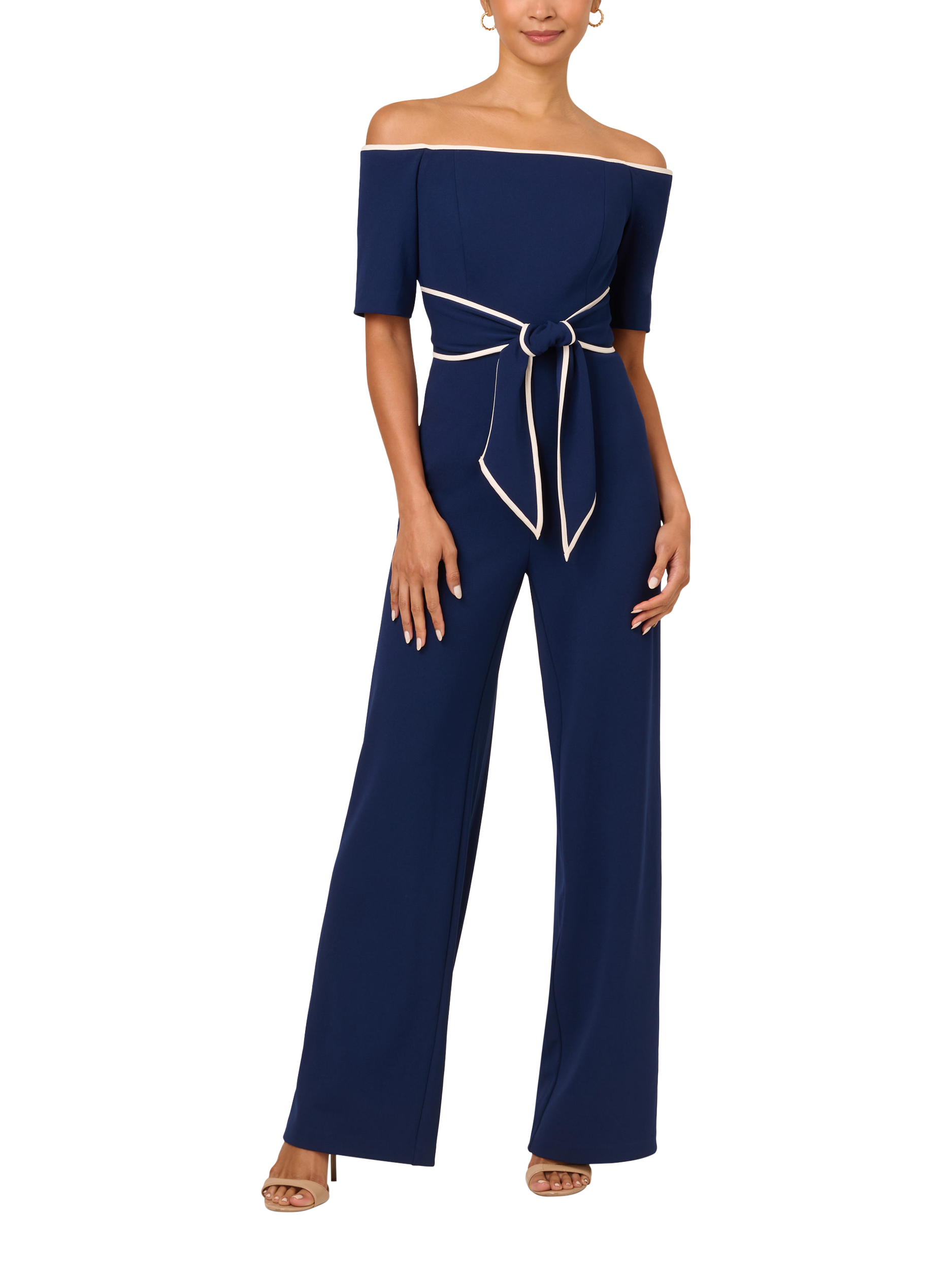 Product image 1 of 6, which shows Adrianna Papell Knit Crepe Tie Jumpsuit, Navy Sateen/Ivory, 8