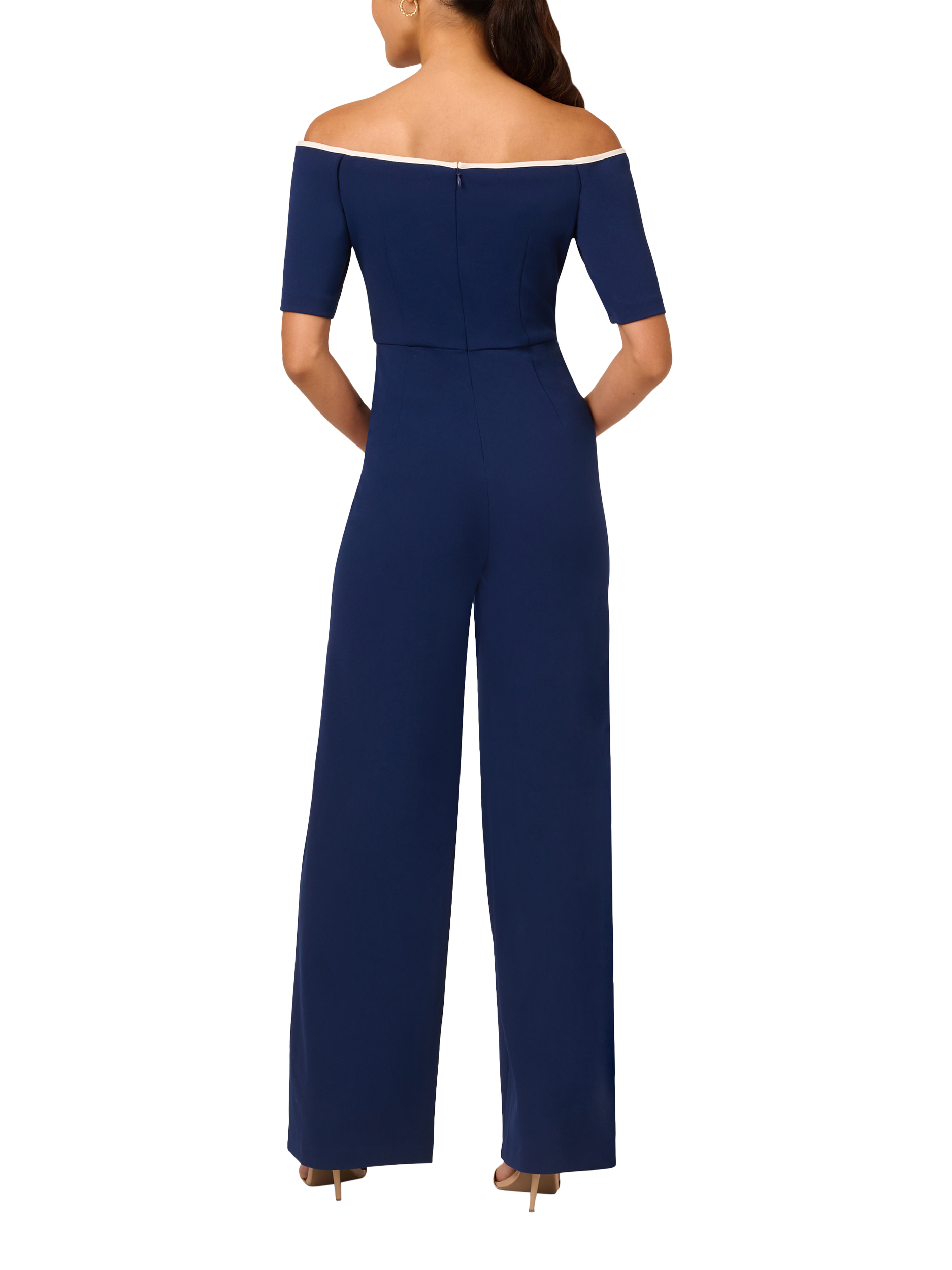 Product image 2 of 6, which shows Adrianna Papell Knit Crepe Tie Jumpsuit, Navy Sateen/Ivory, 8