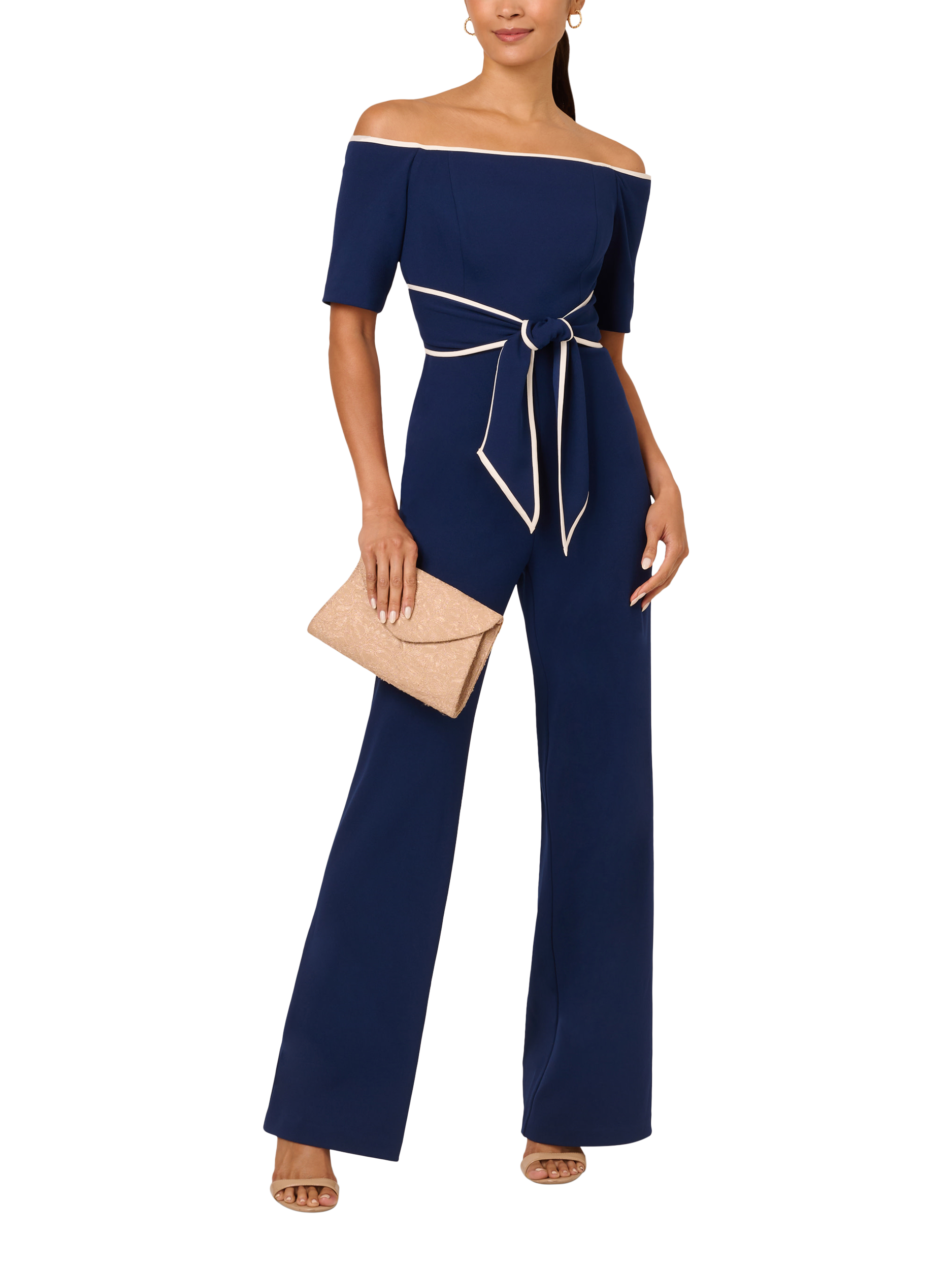 Product image 3 of 6, which shows Adrianna Papell Knit Crepe Tie Jumpsuit, Navy Sateen/Ivory, 8