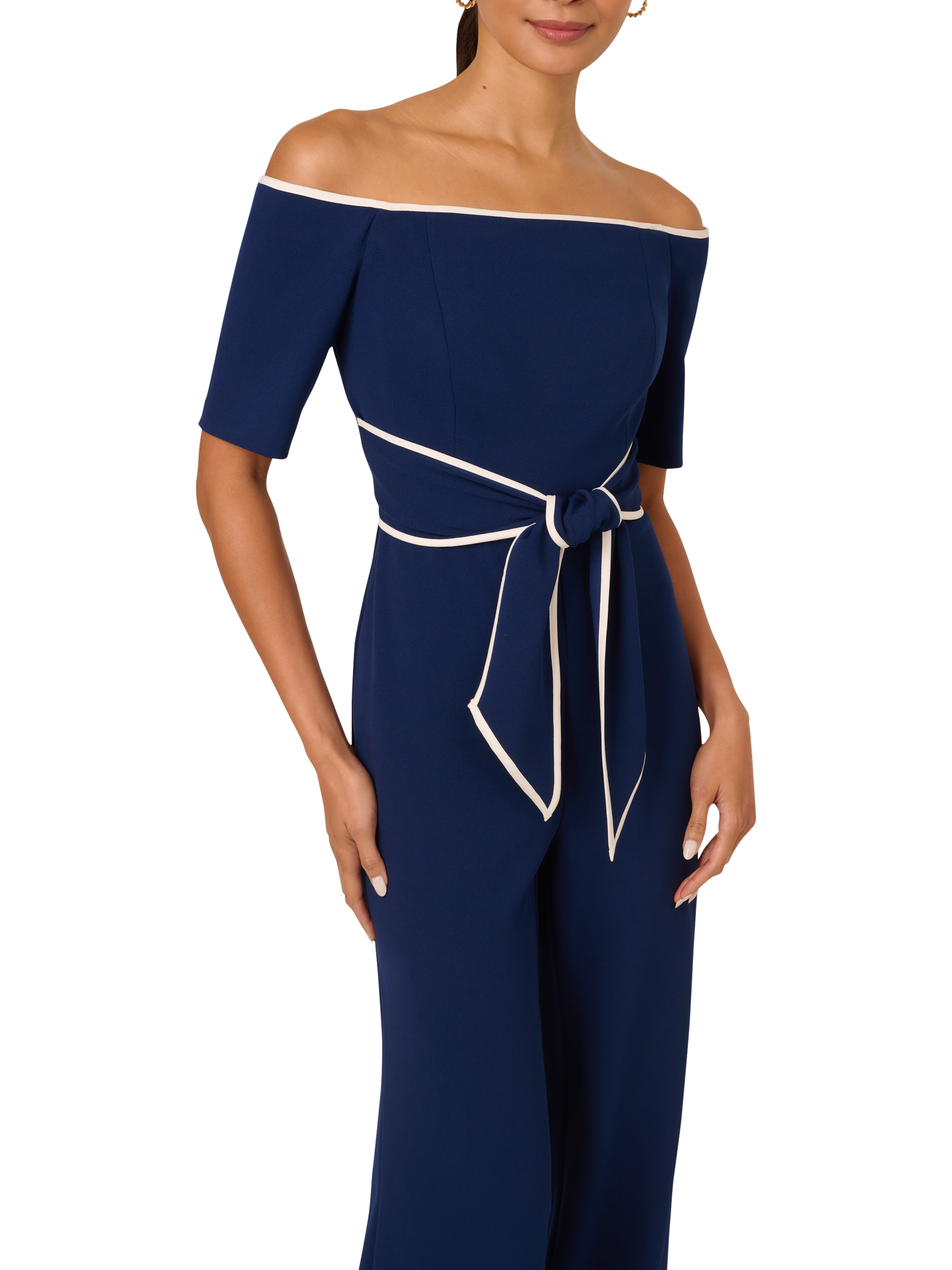 Product image 4 of 6, which shows Adrianna Papell Knit Crepe Tie Jumpsuit, Navy Sateen/Ivory, 8
