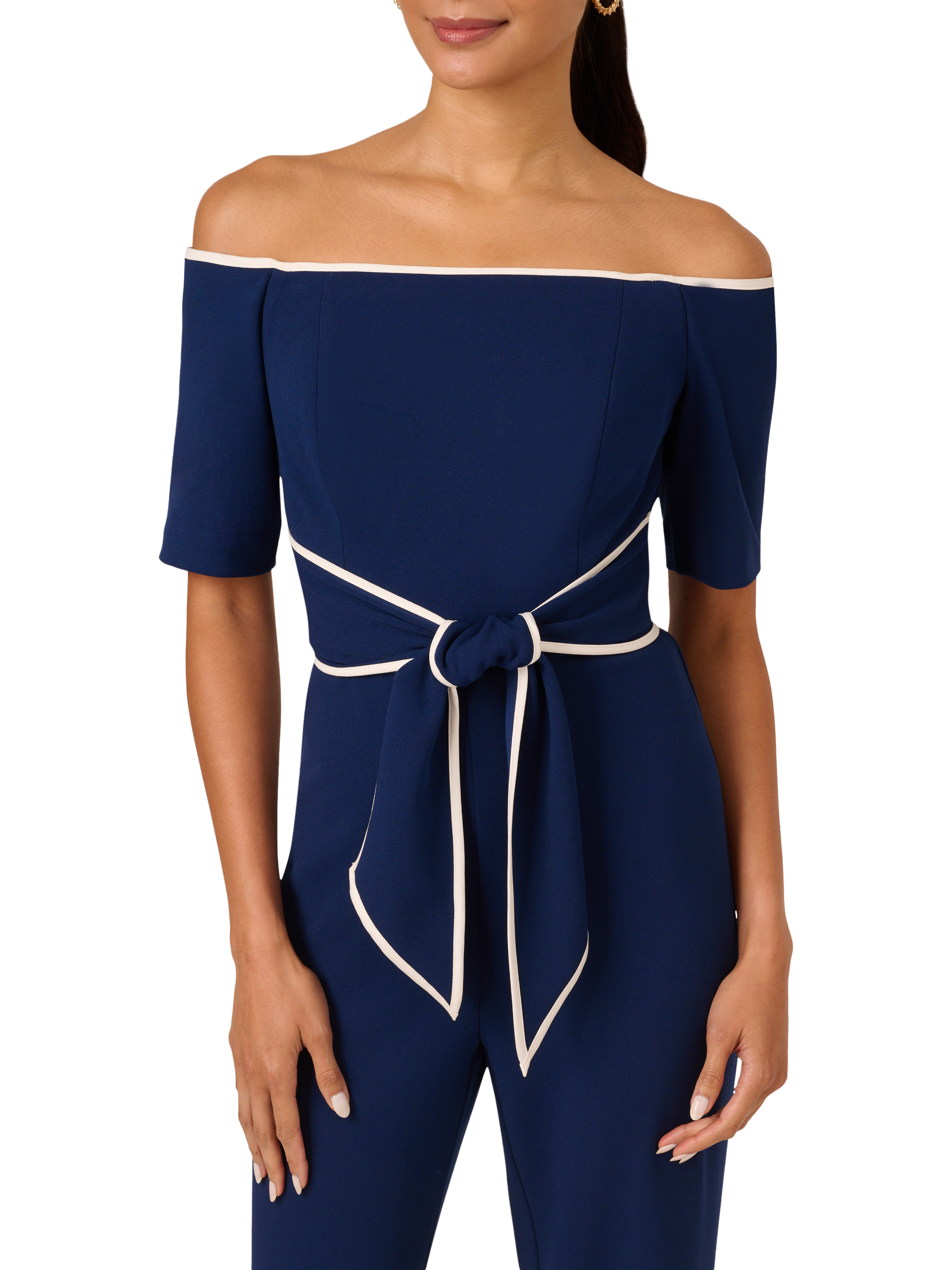 Product image 5 of 6, which shows Adrianna Papell Knit Crepe Tie Jumpsuit, Navy Sateen/Ivory, 8
