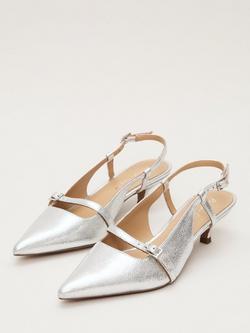Phase Eight Metallic Leather Pointed Slingback Sandals, Silver - view 2, Silver