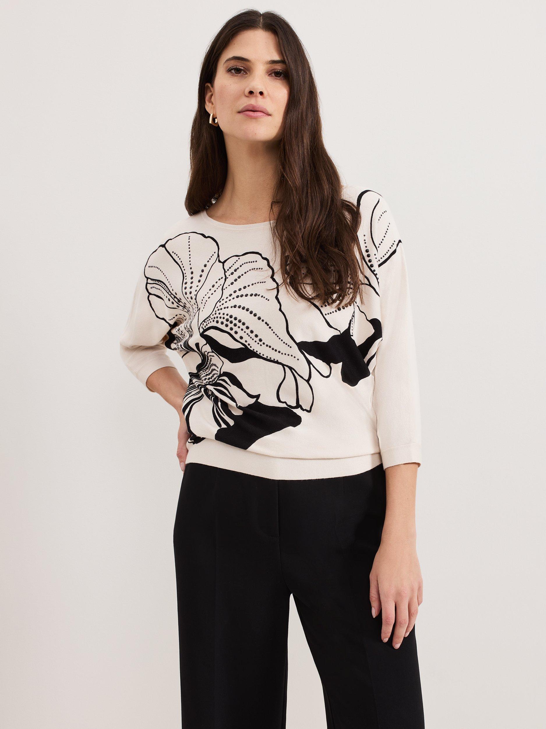 Product image 1 of 7, which shows Phase Eight Poppie Floral Stud Top, Black/Ivory, XS