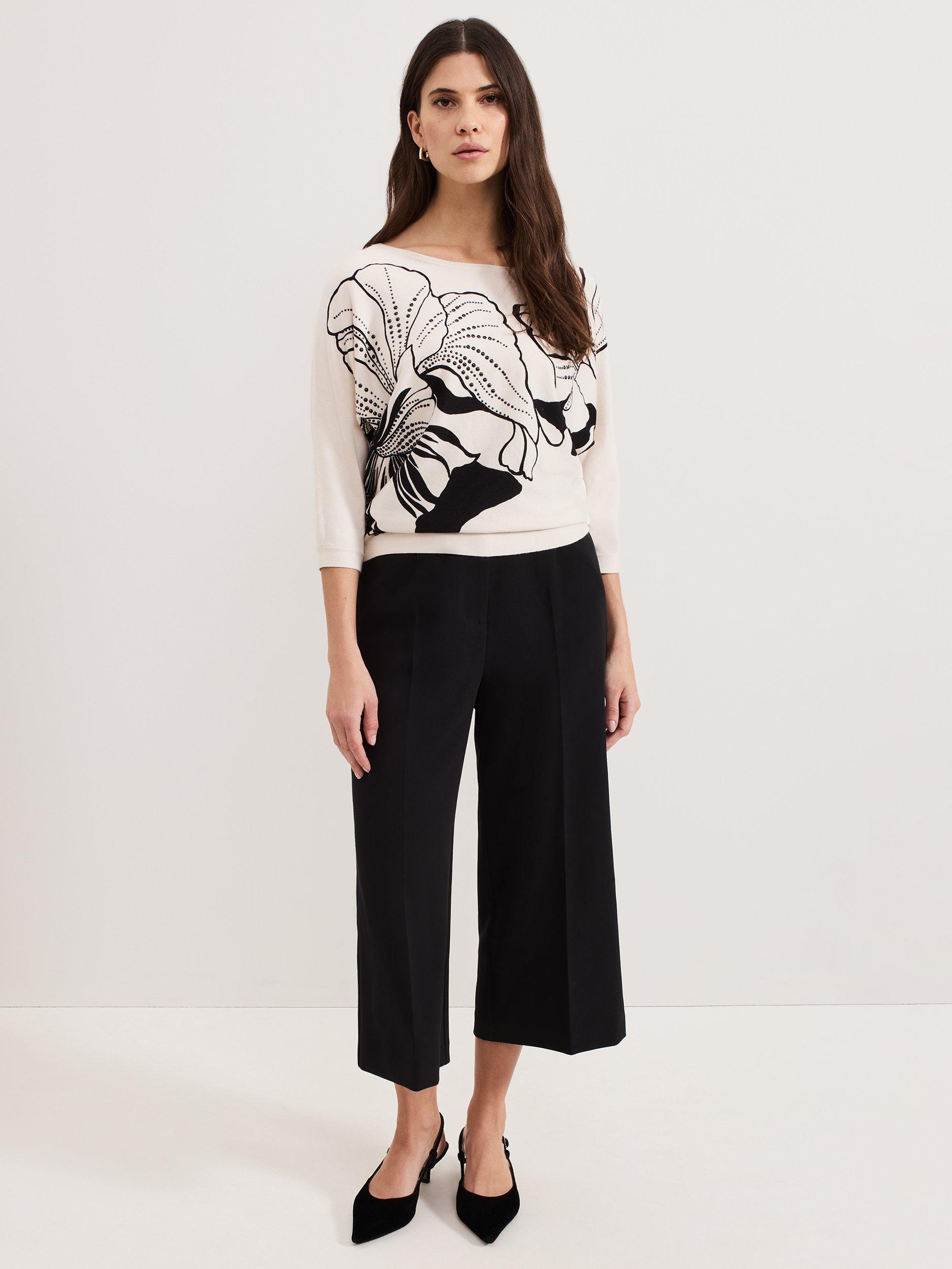 Product image 3 of 7, which shows Phase Eight Poppie Floral Stud Top, Black/Ivory, XS