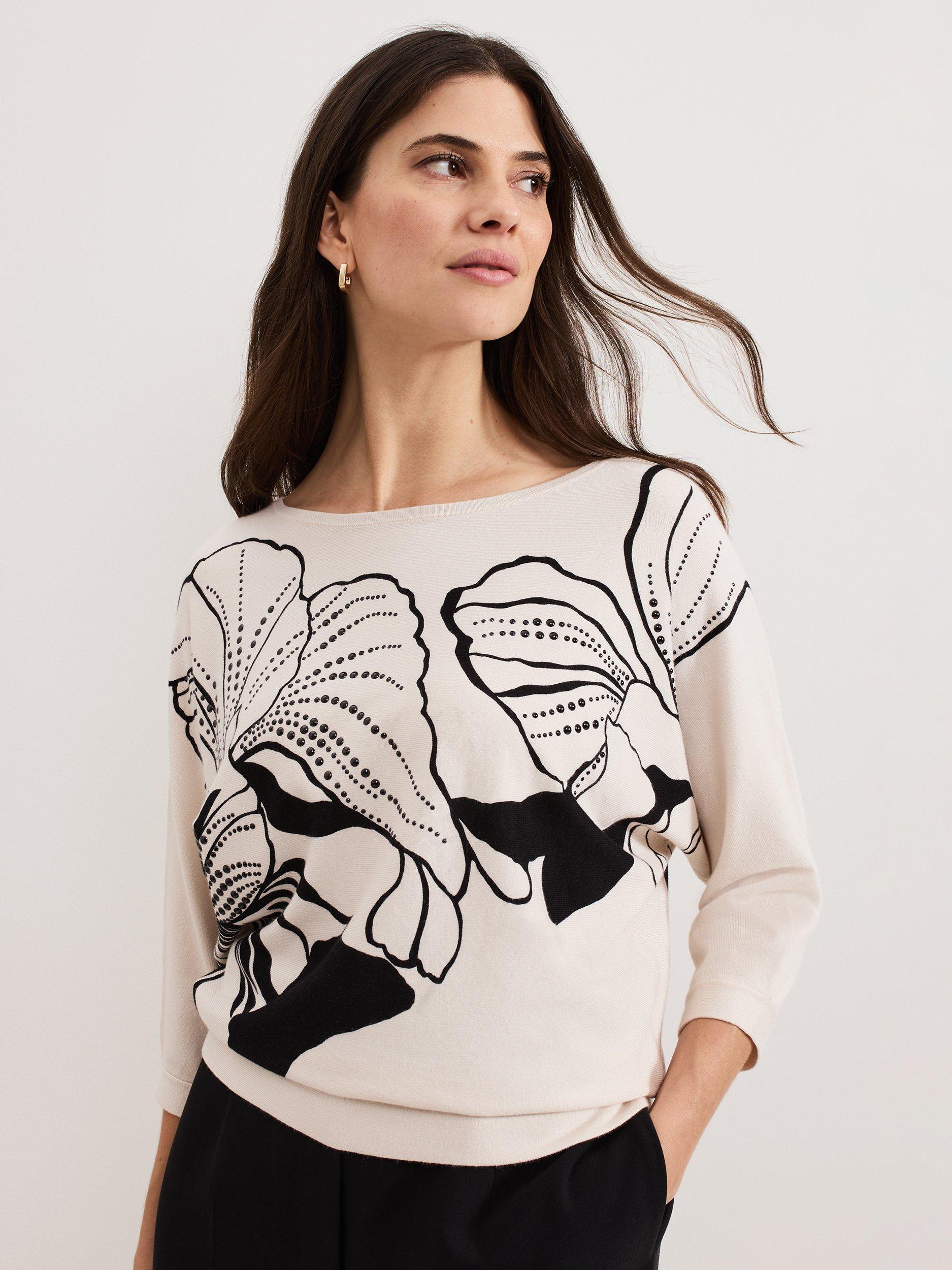 Product image 4 of 7, which shows Phase Eight Poppie Floral Stud Top, Black/Ivory, XS