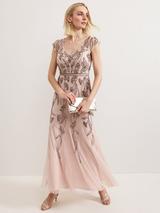 Phase Eight Zena Beaded Tulle Maxi Dress, Pale Pink/Silver