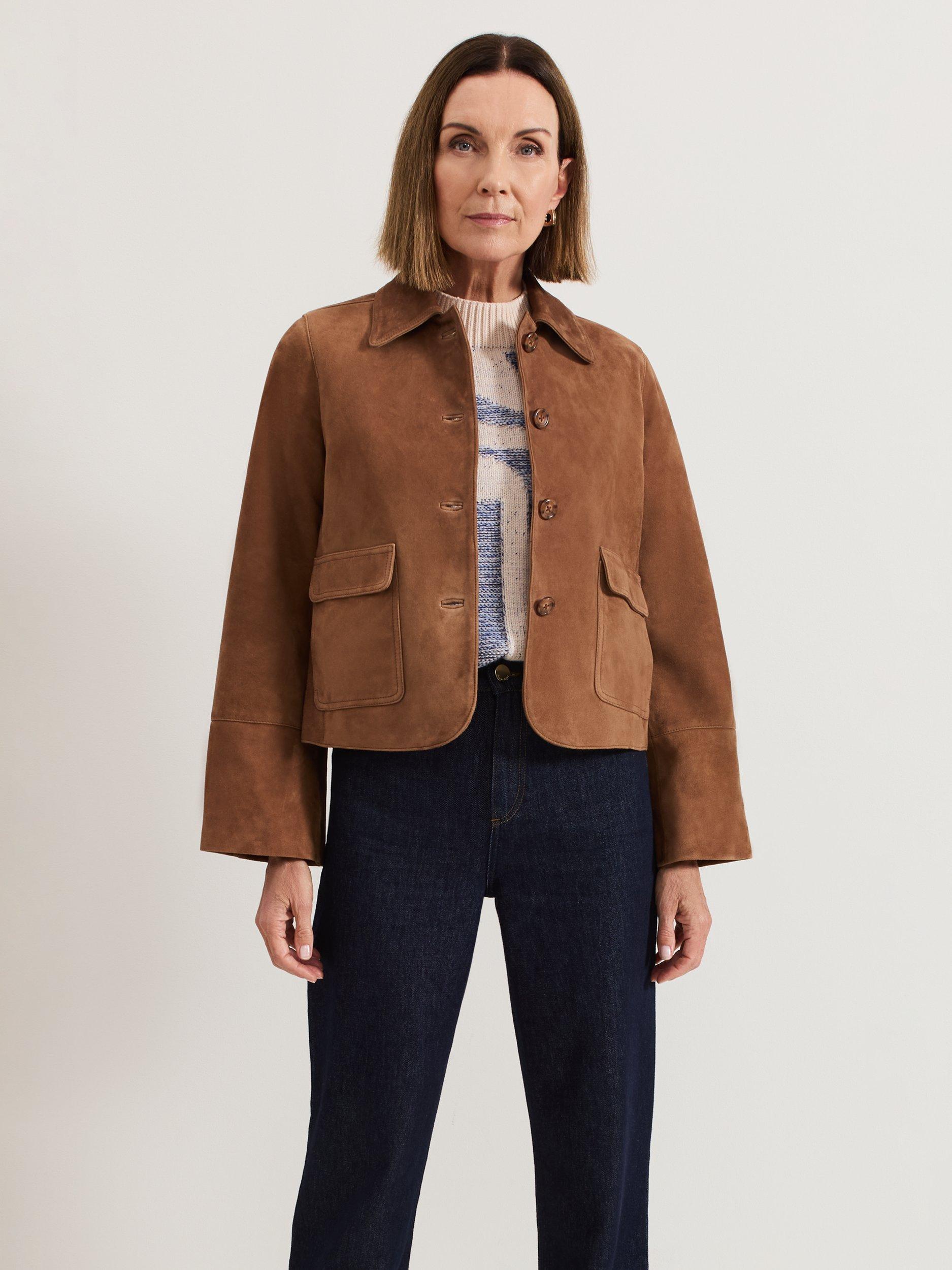 Product image 1 of 8, which shows Phase Eight Indira Suede Jacket, Tan, 6