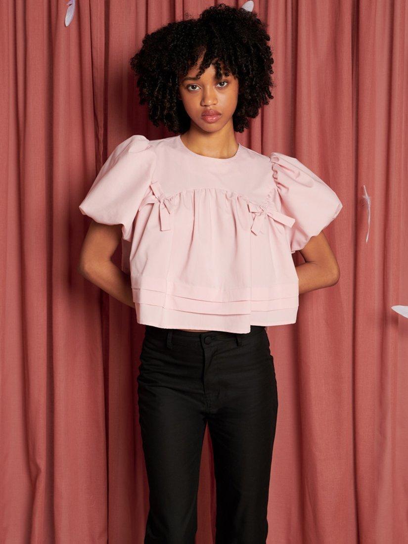 Sister Jane Short Puff Sleeve Canary Bow Cropped Top, Pink