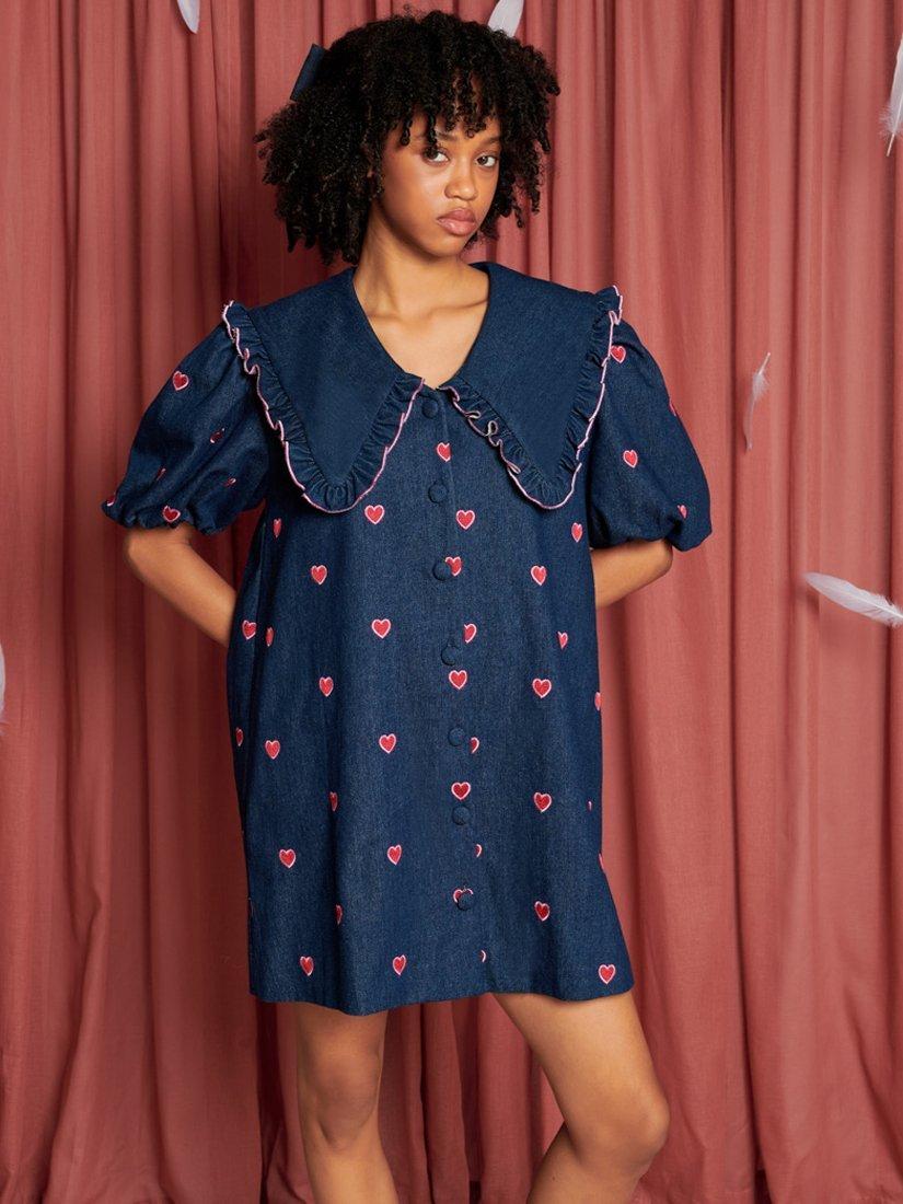 Sister Jane Perfect Match Embroidered Hearts Denim Mini Dress, Dark Blue
