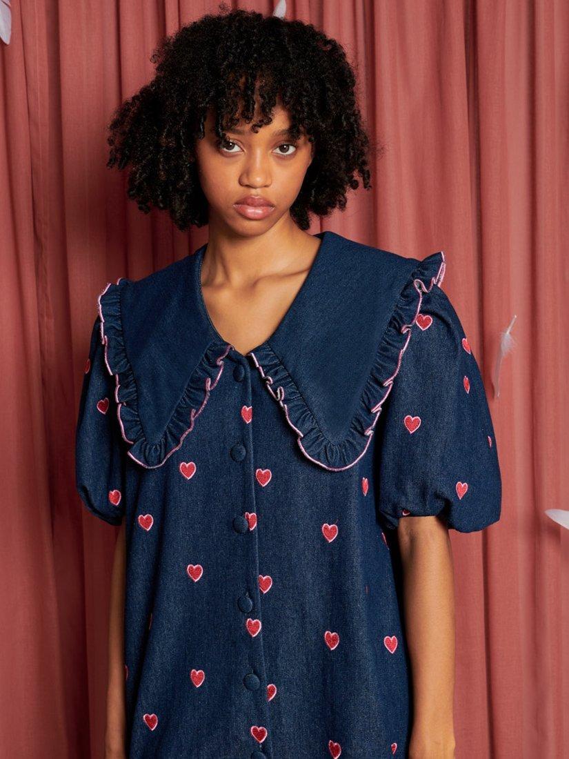 Sister Jane Perfect Match Embroidered Hearts Denim Mini