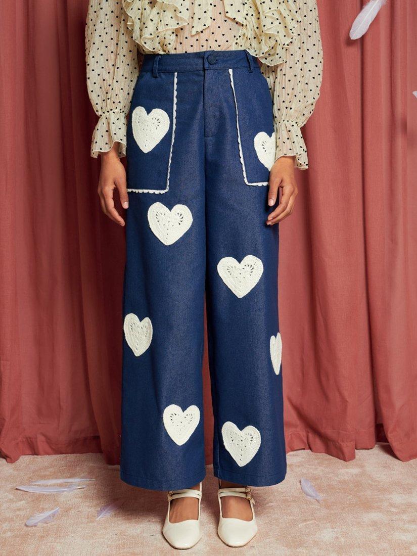 Sister Jane Crochet Heart Trousers, Navy/White