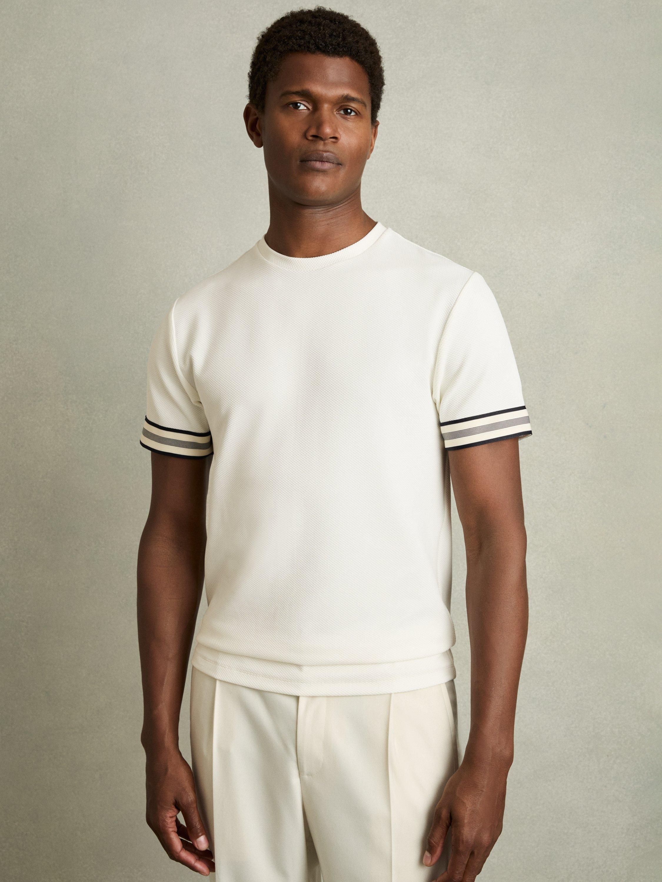 Product image 1 of 5, which shows Reiss Emmerson Tape-Cuff Textured T-Shirt, White, XS