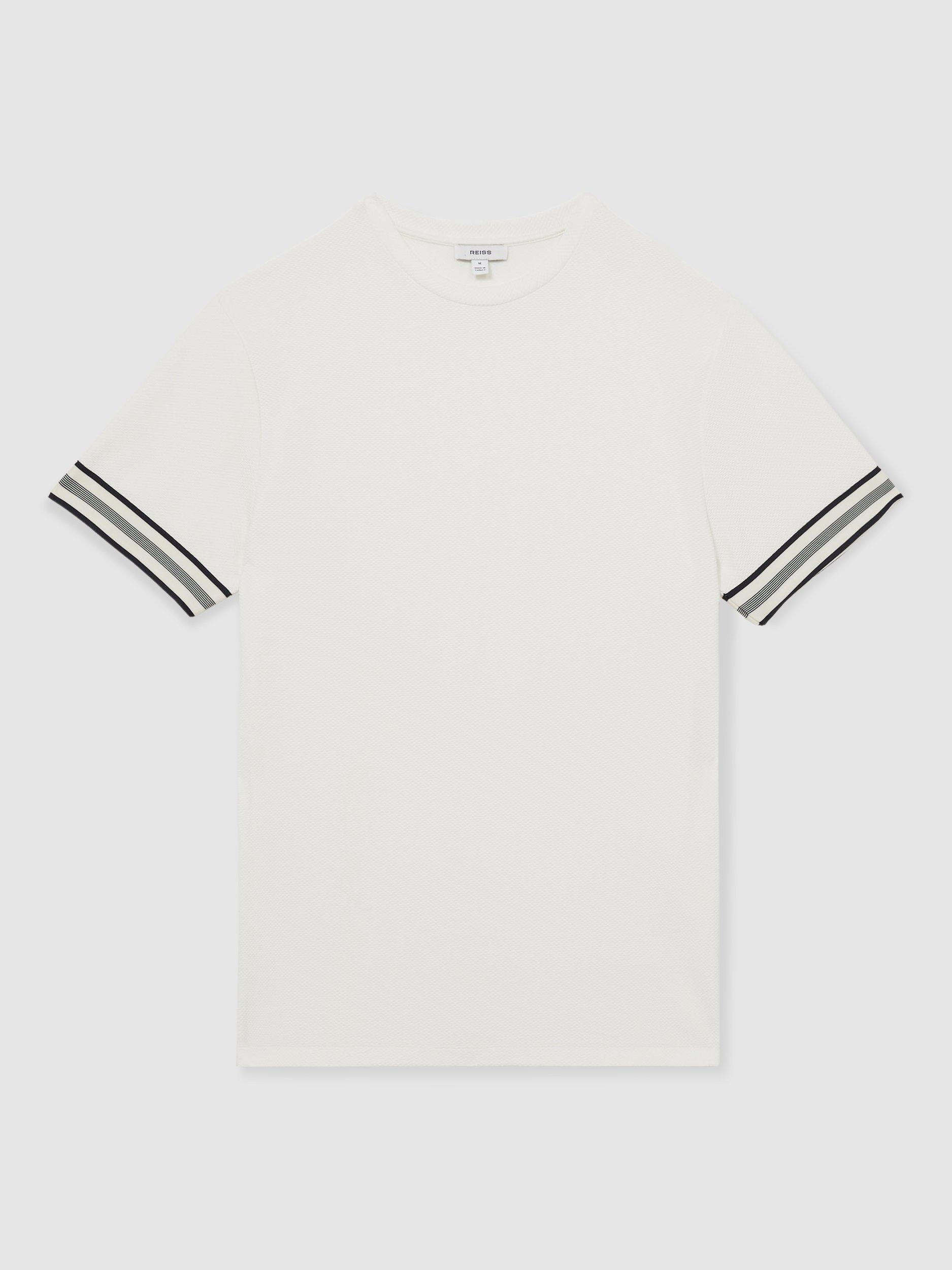 Product image 3 of 5, which shows Reiss Emmerson Tape-Cuff Textured T-Shirt, White, XS