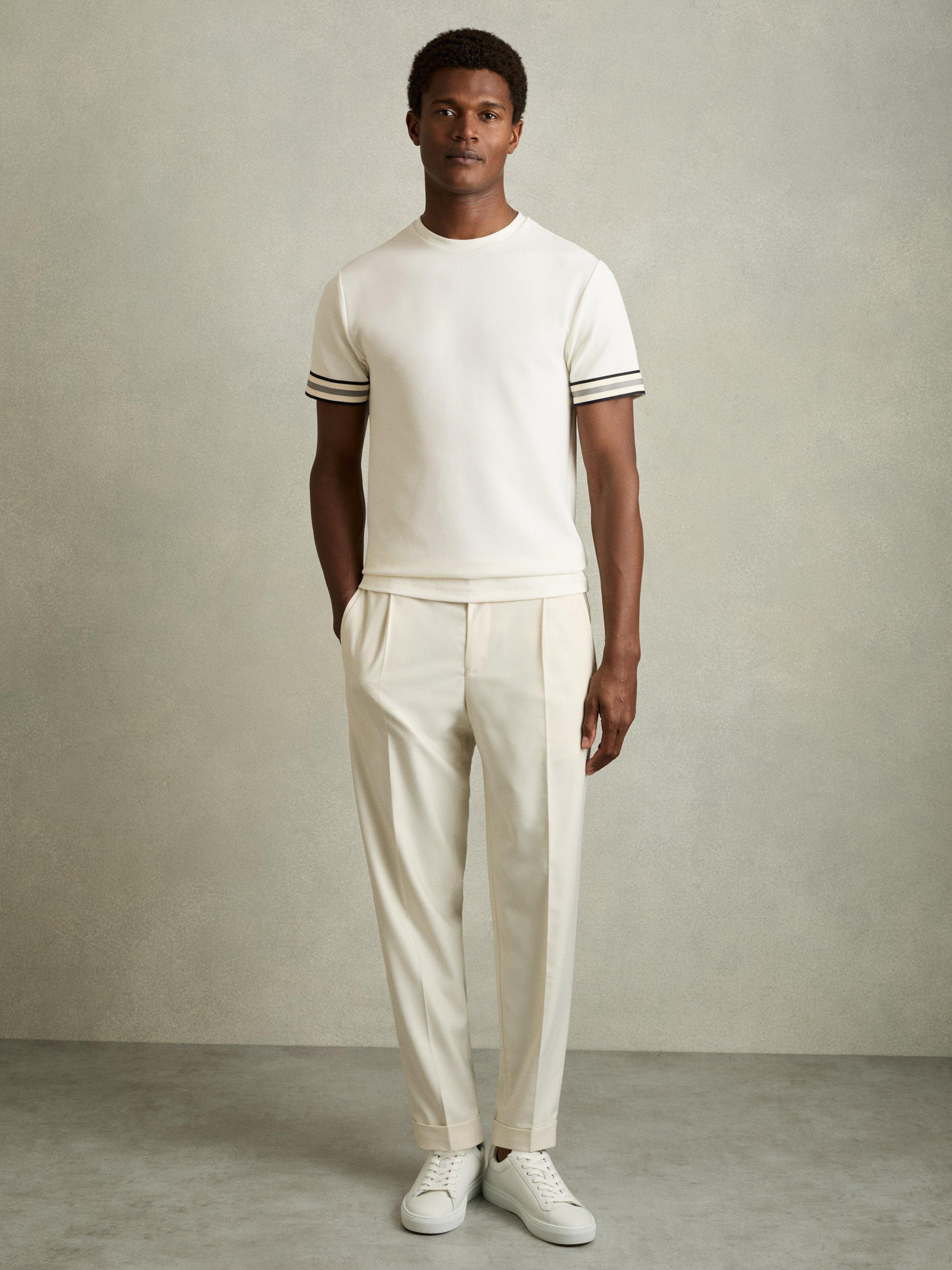 Product image 4 of 5, which shows Reiss Emmerson Tape-Cuff Textured T-Shirt, White, XS