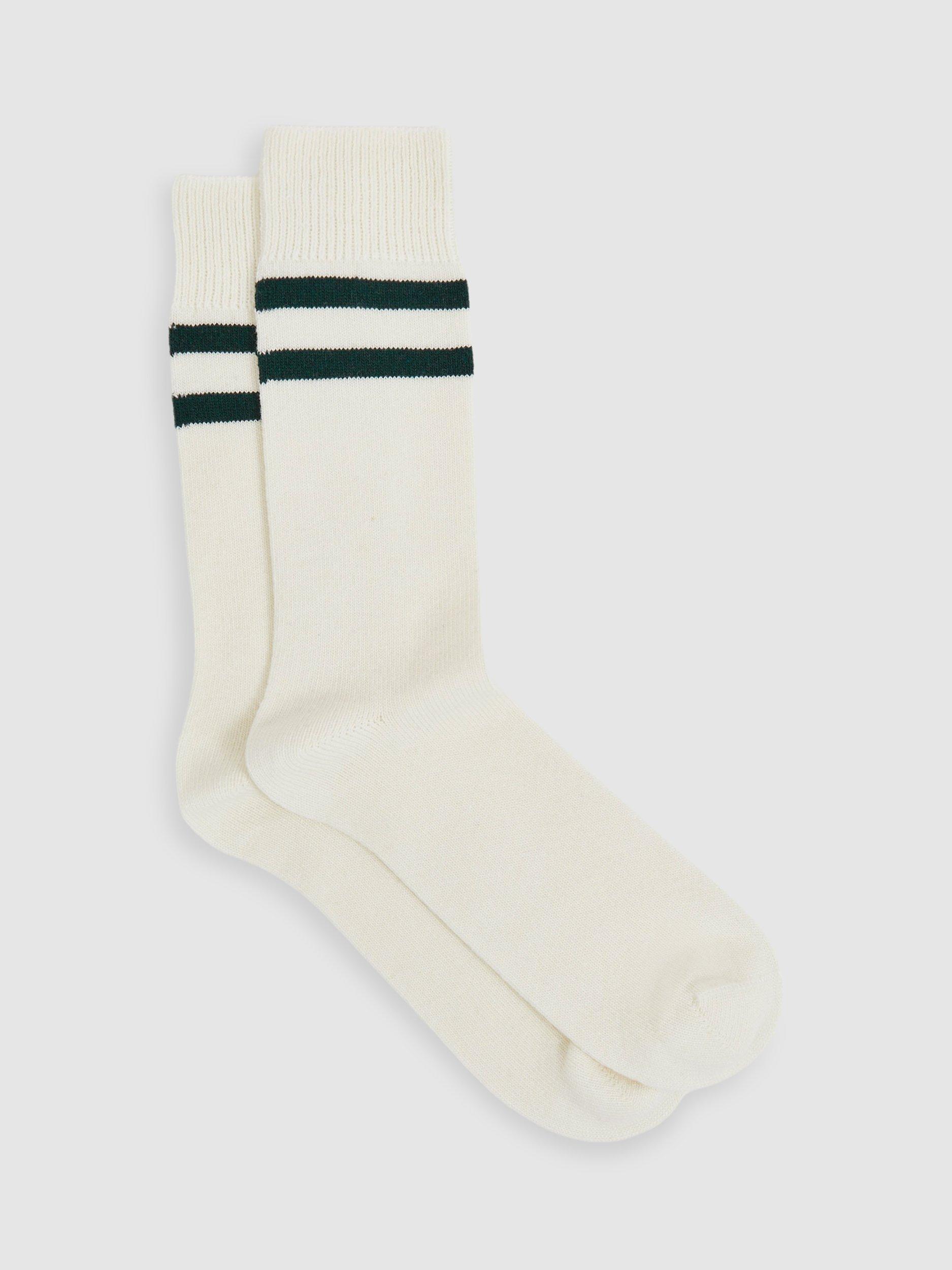 Reiss Alcott Wool Cashmere Blend Stripe Crew Socks, Ecru/Forest Green