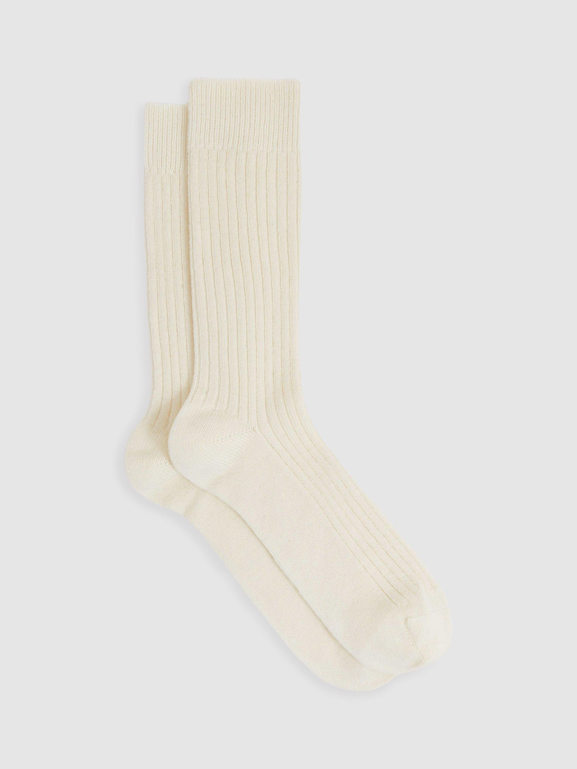 Reiss Ezra Wool Cashmere Blend Ribbed Crew Socks, Forest Green, Ecru