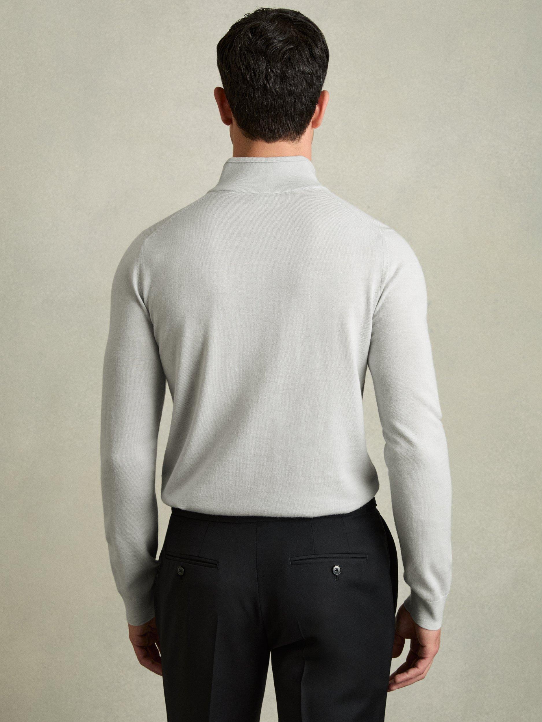 Product image 2 of 5, which shows Reiss Blackhall Merino Wool Funnel Neck Half Zip Jumper, Iced Blue, S