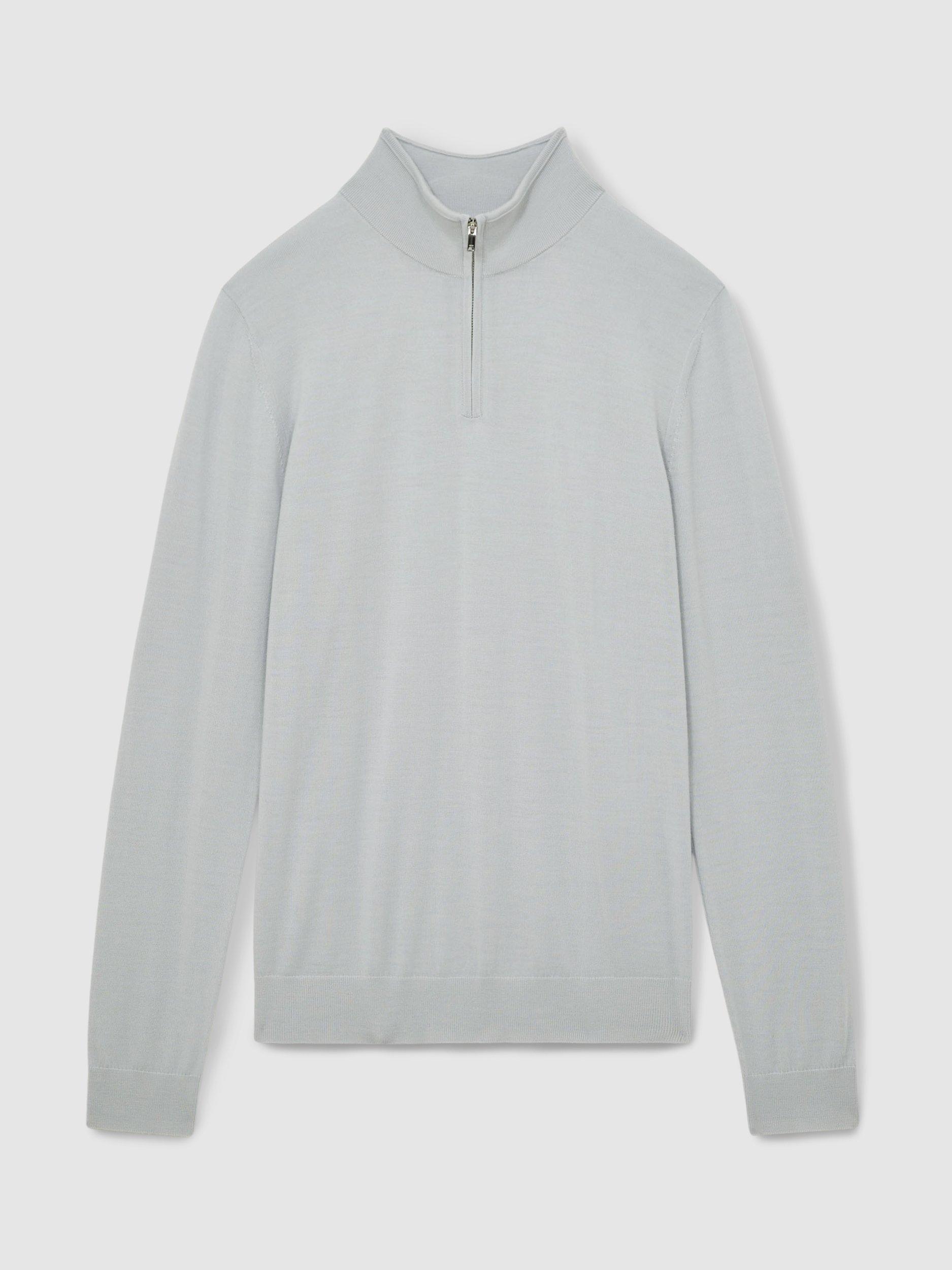 Product image 3 of 5, which shows Reiss Blackhall Merino Wool Funnel Neck Half Zip Jumper, Iced Blue, S