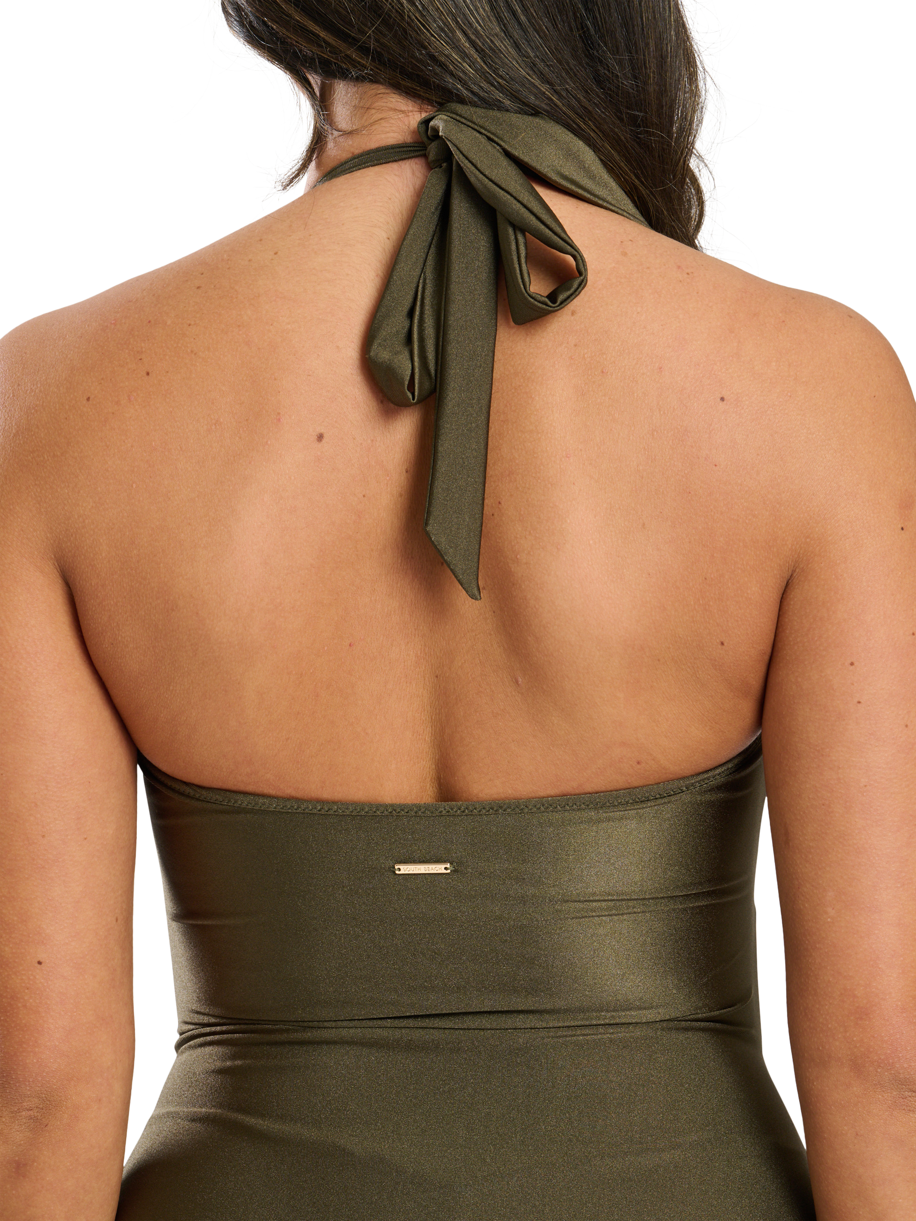 Product image 4 of 5, which shows Starfish Cut Out Embroidered Halter Tummy Control Swimsuit, Green Khaki, Green Khaki, 10