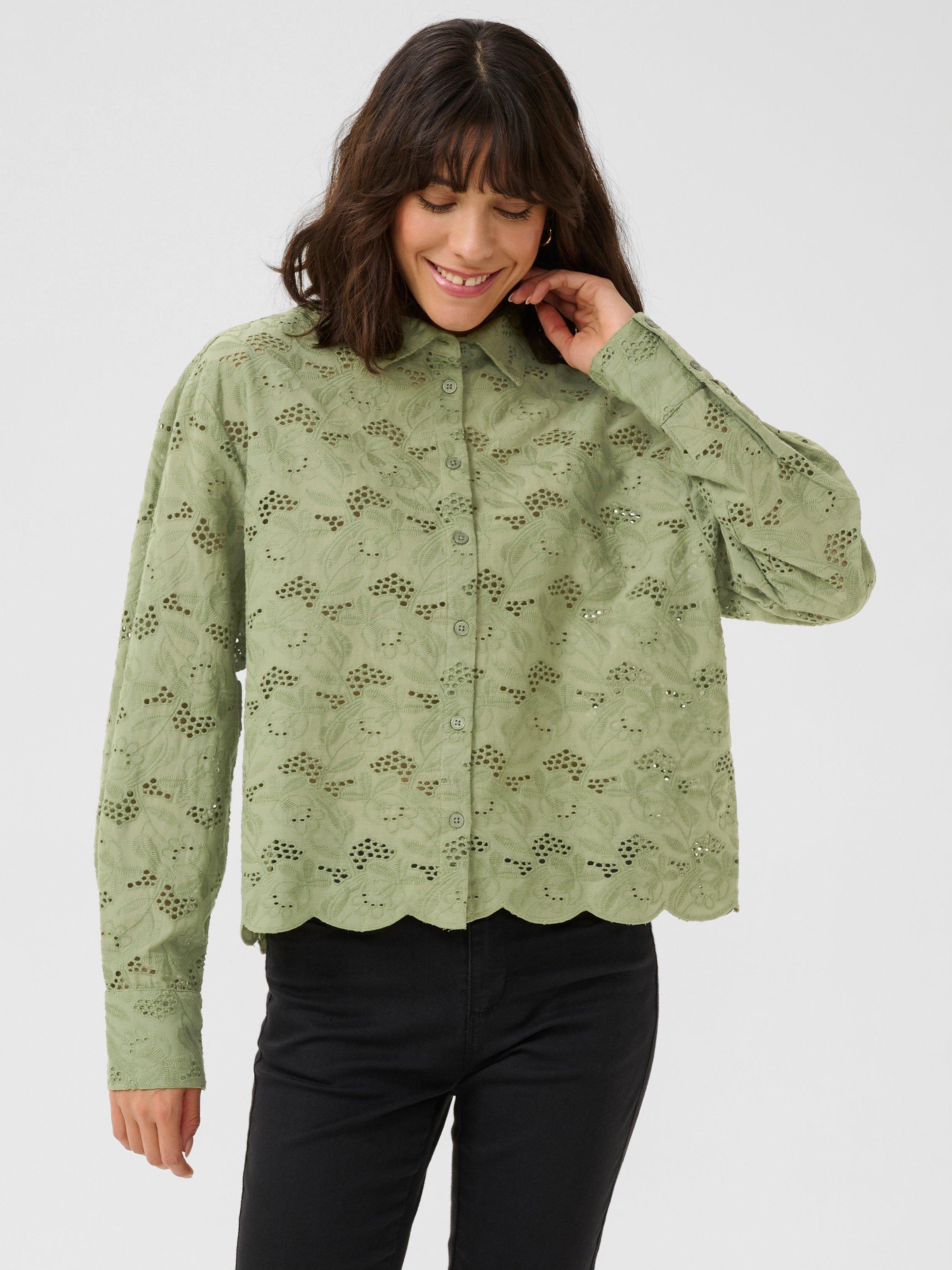 Product image 1 of 2, which shows KAFFE Tura Broderie Anglaise Shirt, Oil Green, 18