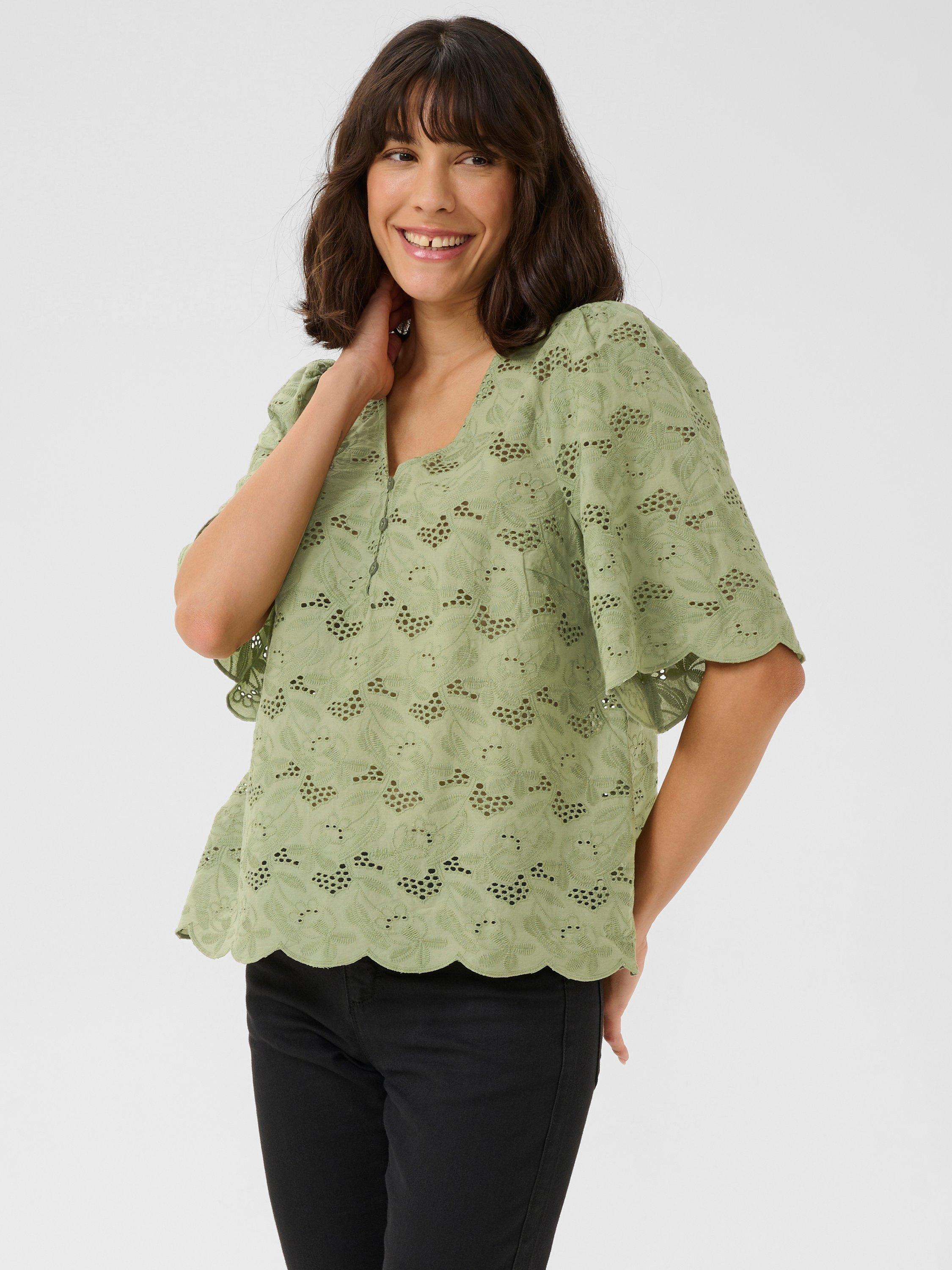 Product image 1 of 5, which shows KAFFE Tura Broderie Anglaise Top, Oil Green, 8