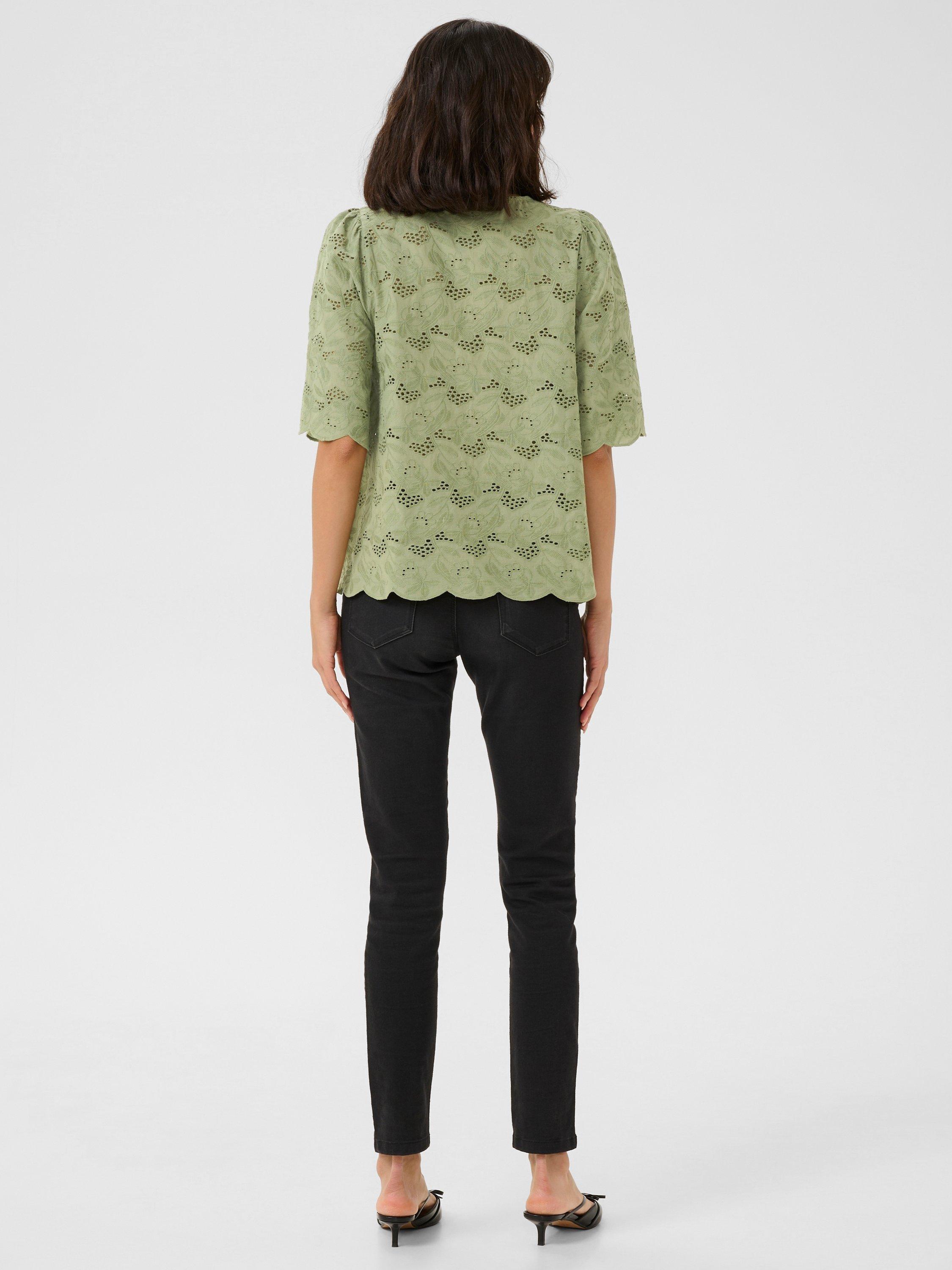 Product image 2 of 5, which shows KAFFE Tura Broderie Anglaise Top, Oil Green, 8