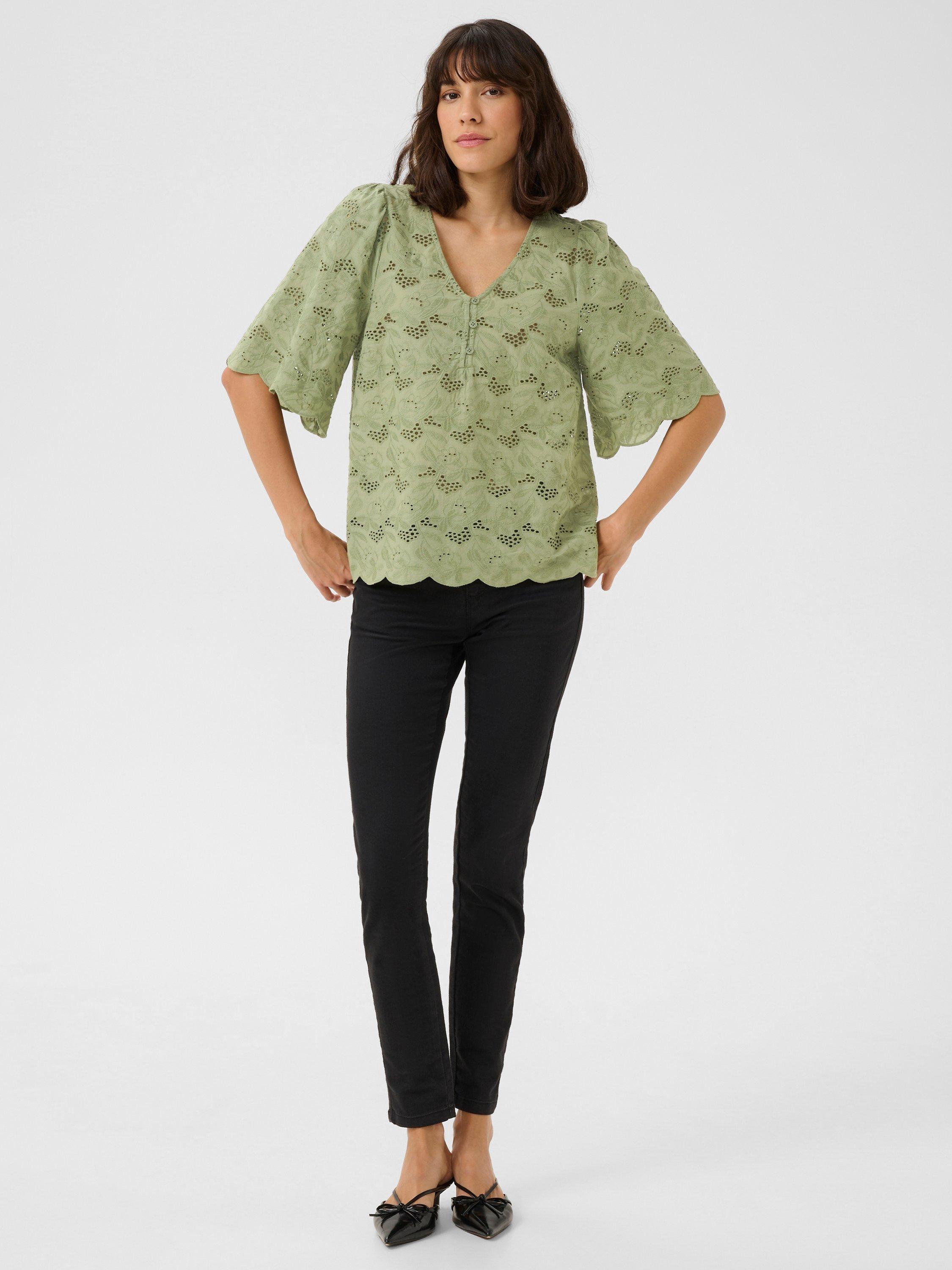 Product image 3 of 5, which shows KAFFE Tura Broderie Anglaise Top, Oil Green, 8