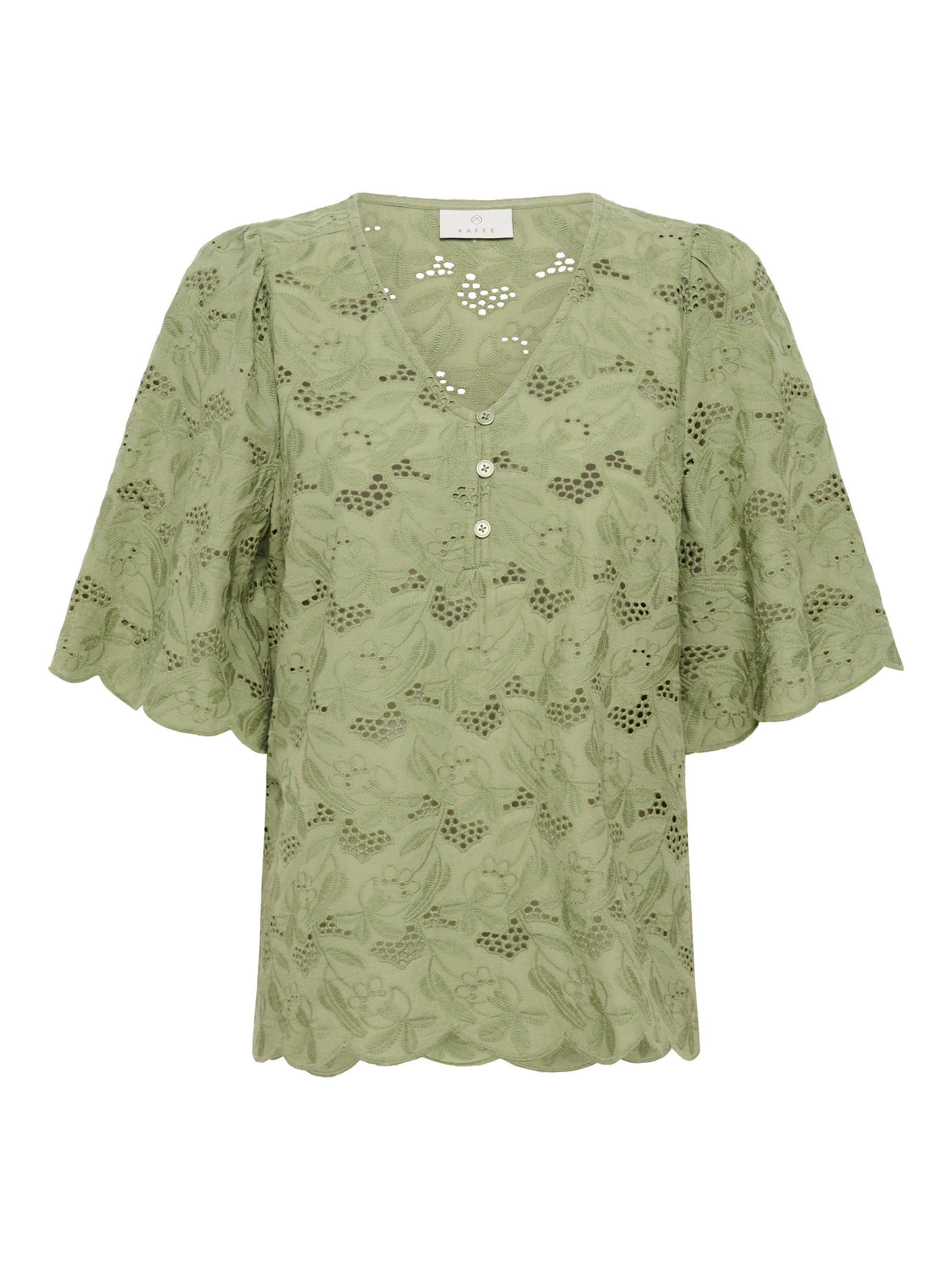 Product image 4 of 5, which shows KAFFE Tura Broderie Anglaise Top, Oil Green, 8