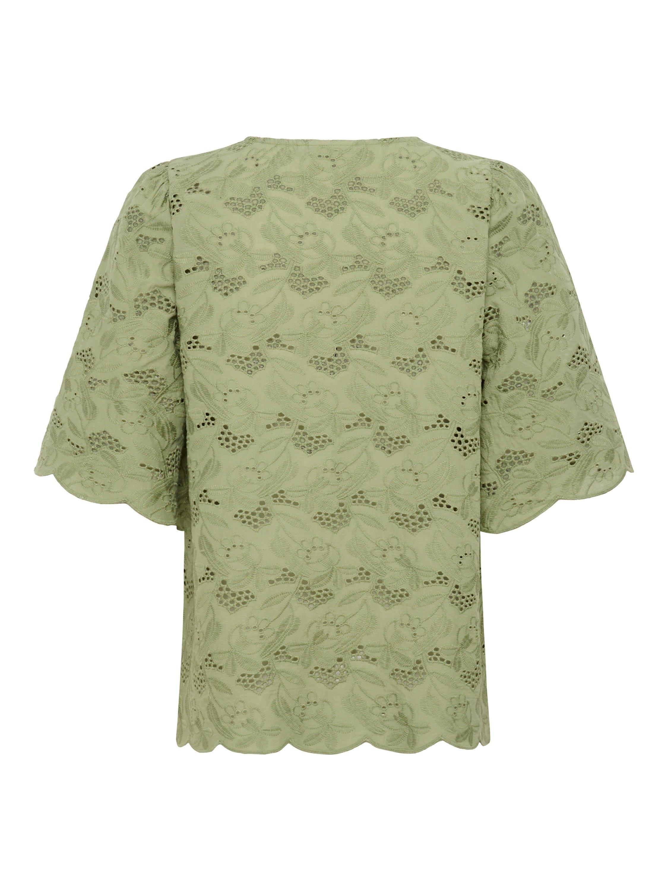 Product image 5 of 5, which shows KAFFE Tura Broderie Anglaise Top, Oil Green, 8