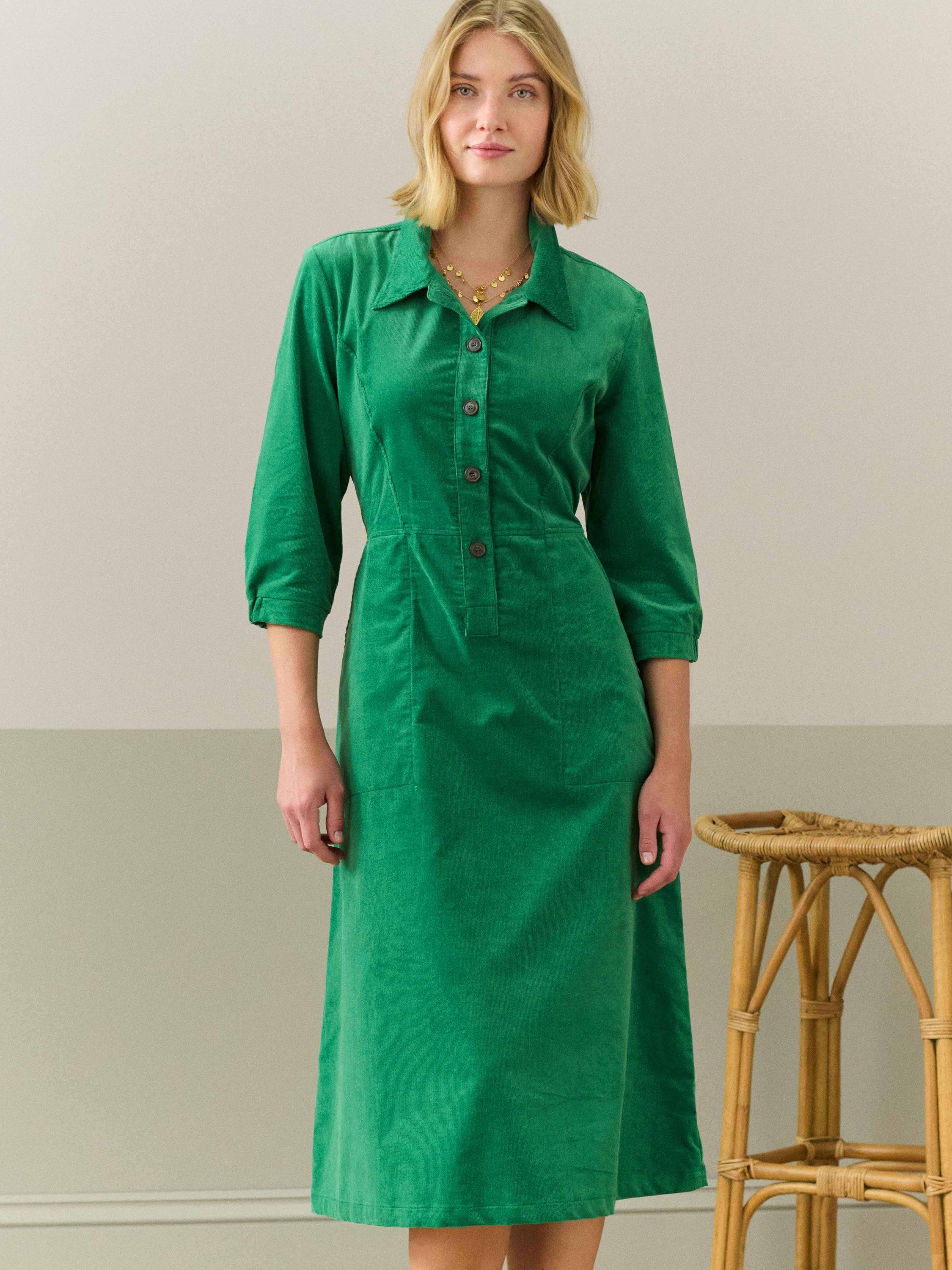 Brora Needlecord Shirt Dress, Leaf Green