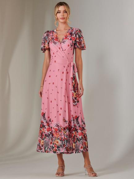 Jolie Moi Mirror Print Mesh Wrap Maxi Dress, Pink/Multi
