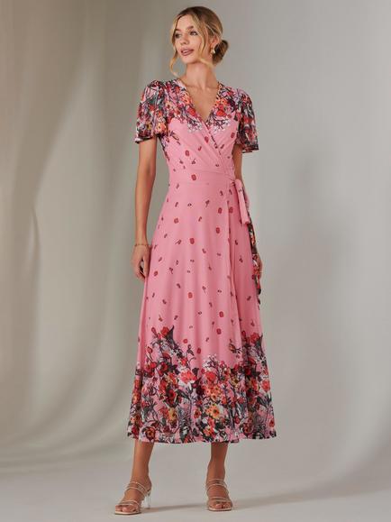 Jolie Moi Mirror Print Mesh Wrap Maxi Dress - view 2, Pink/Multi