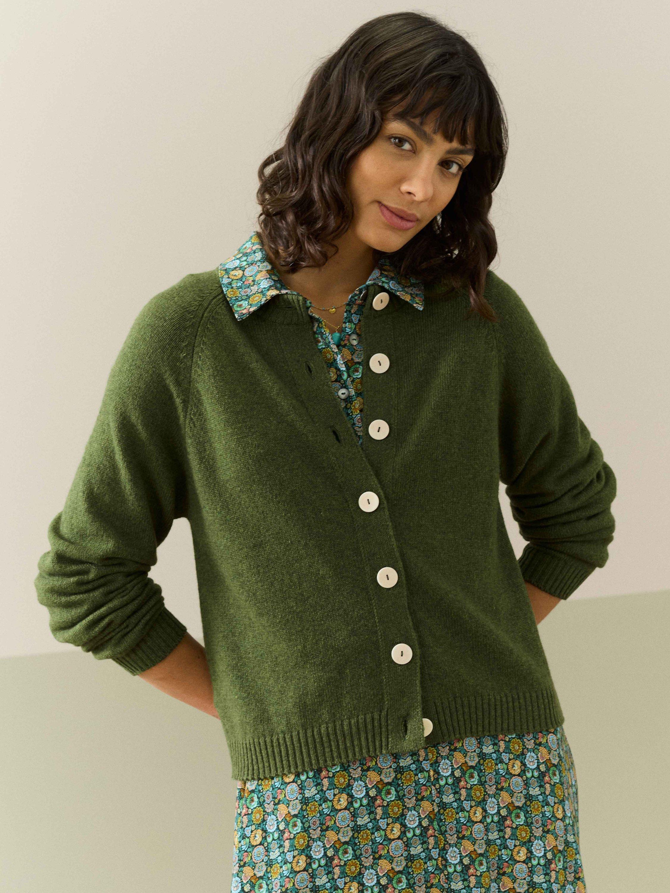 Product image 1 of 5, which shows Brora Round Neck Pure Cashmere Cardigan, Tarragon, 12