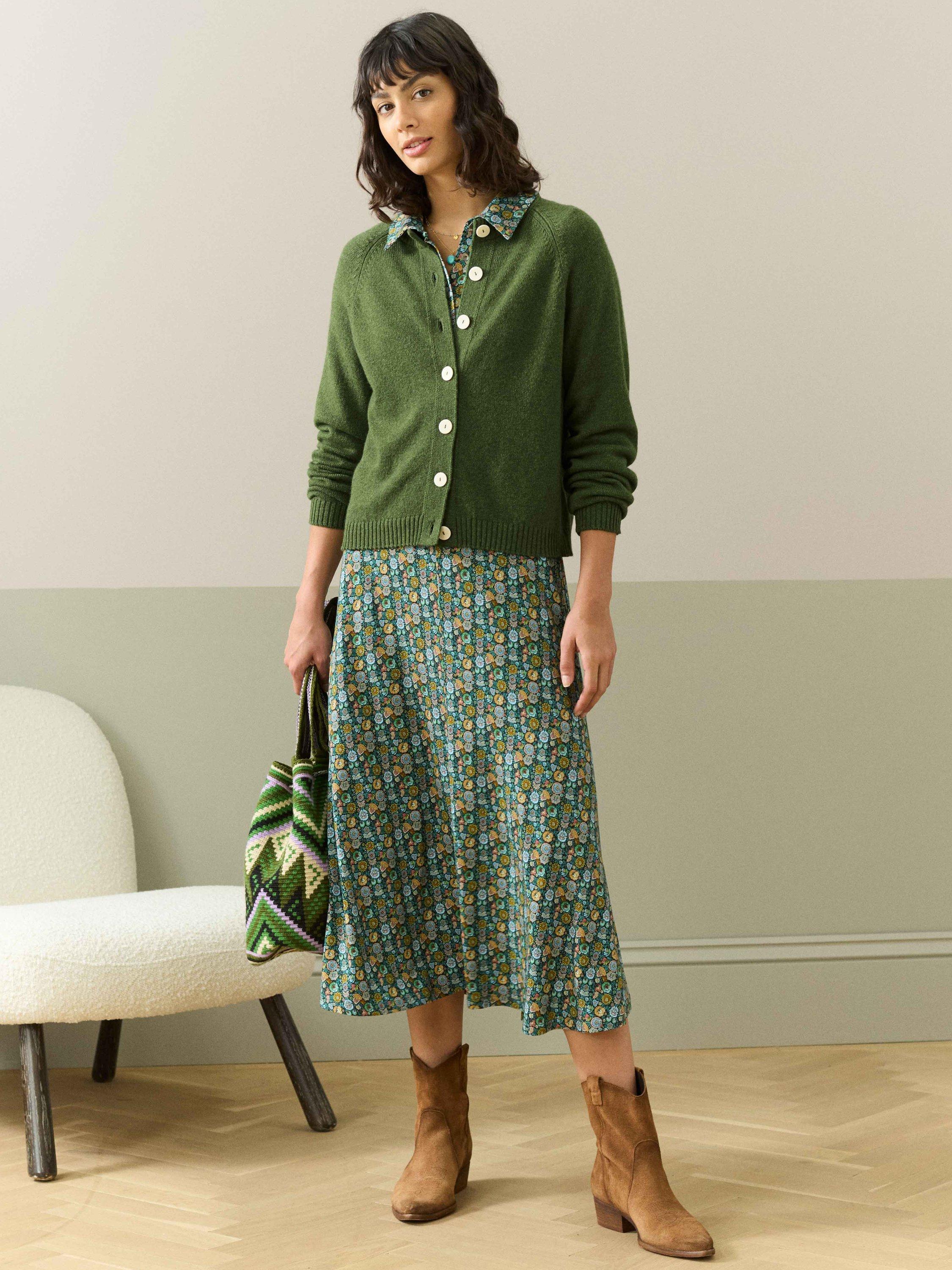 Product image 2 of 5, which shows Brora Round Neck Pure Cashmere Cardigan, Tarragon, 12
