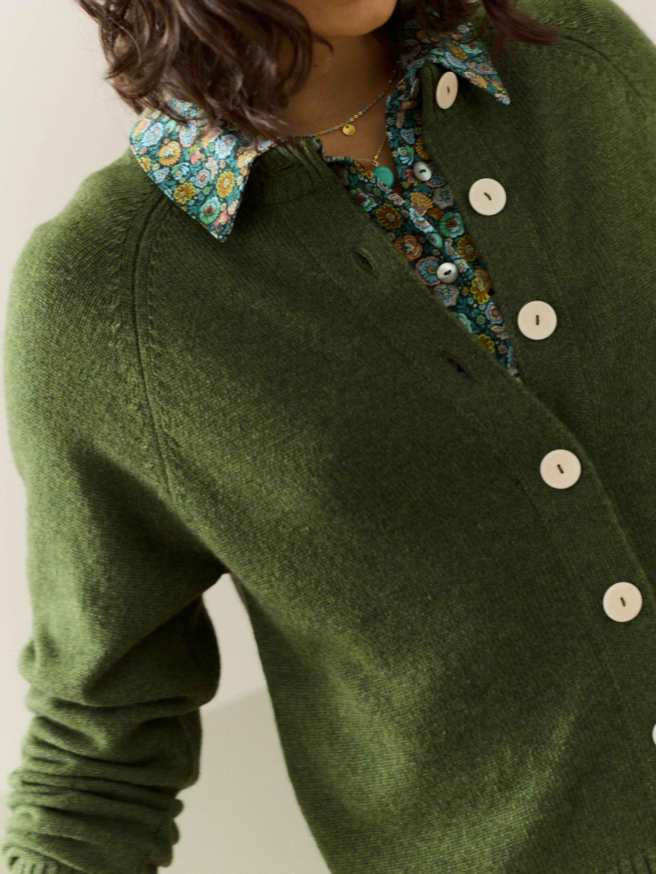 Product image 4 of 5, which shows Brora Round Neck Pure Cashmere Cardigan, Tarragon, 12