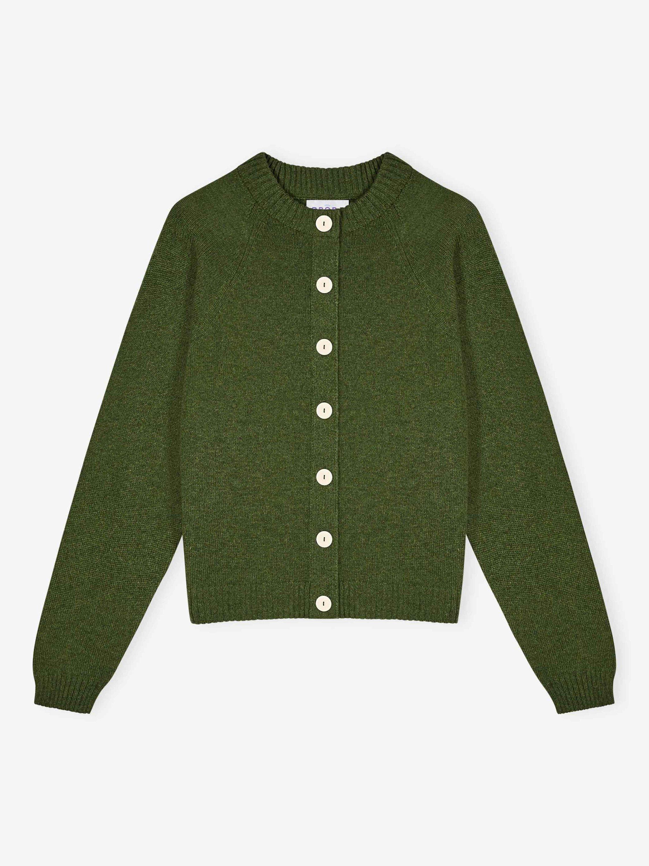 Product image 5 of 5, which shows Brora Round Neck Pure Cashmere Cardigan, Tarragon, 12