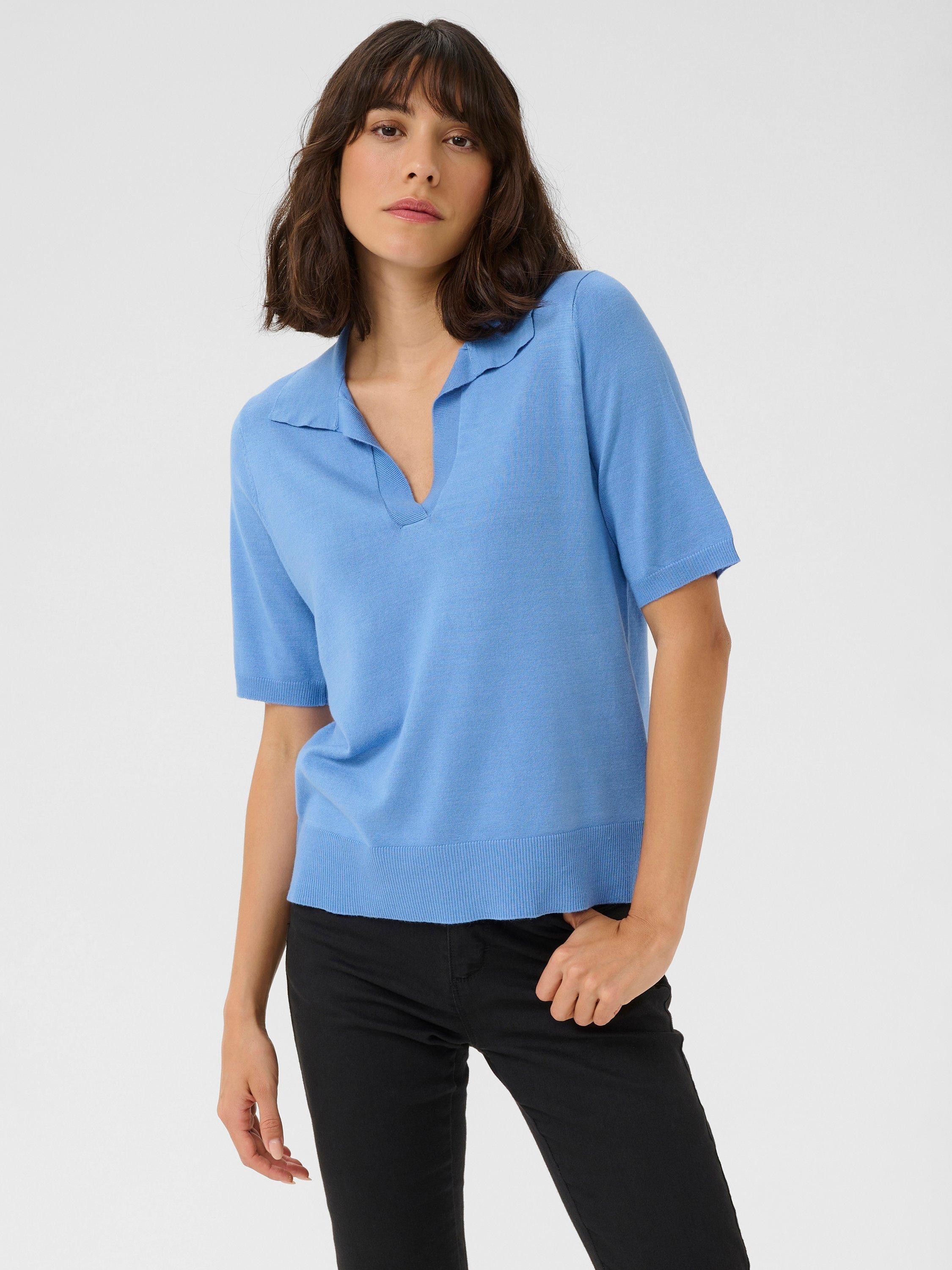 Product image 1 of 5, which shows KAFFE Lizza Rib Knit Polo Neck Short Sleeve Jumper, Ultramarine, XS