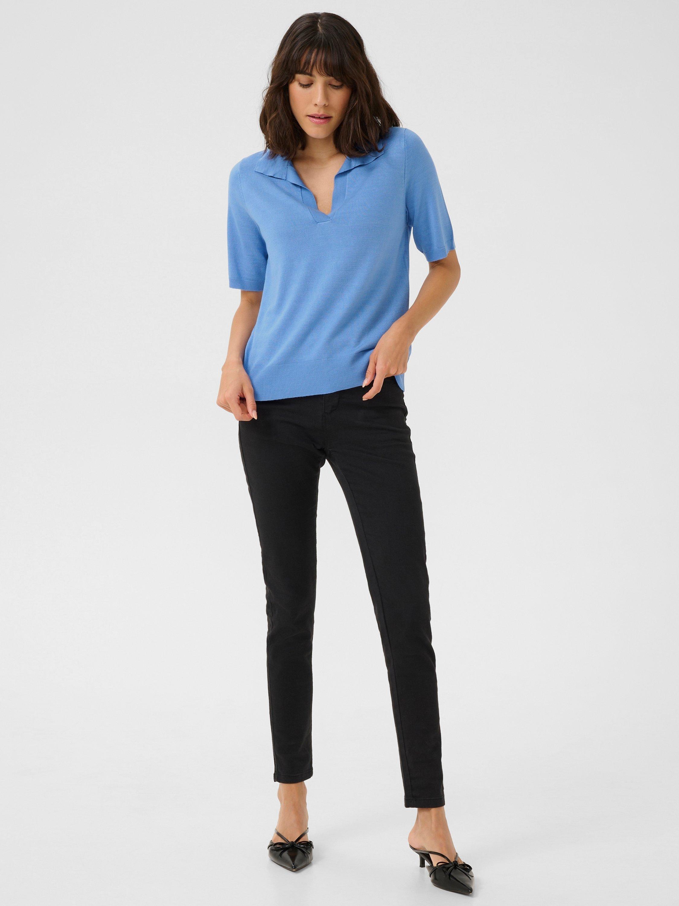 Product image 2 of 5, which shows KAFFE Lizza Rib Knit Polo Neck Short Sleeve Jumper, Ultramarine, XS
